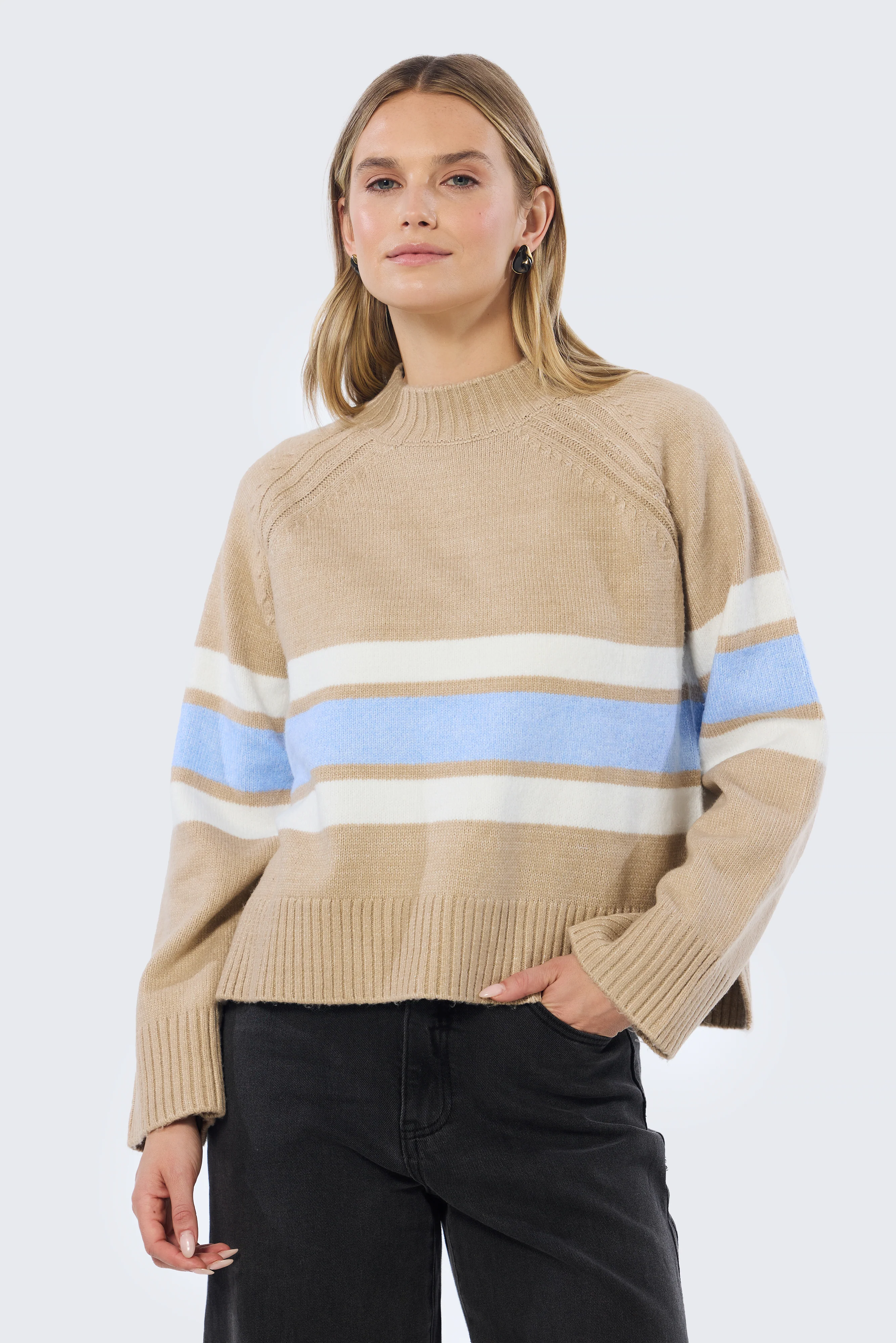 Mock Neck Knit Jumper - Tan & Sky Blue Stripe - Image 7