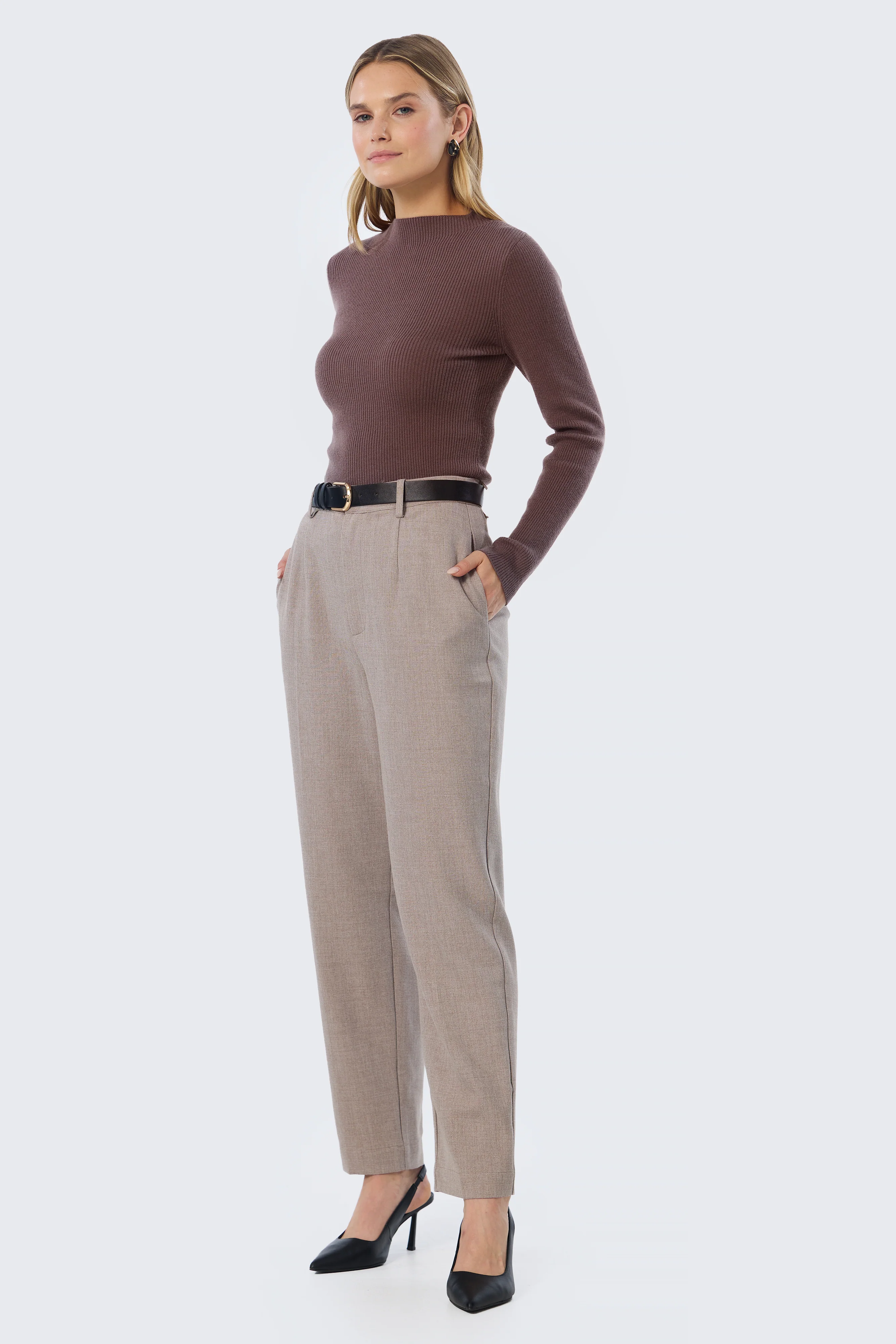 Mock Neck Long Sleeve Knit Top - Fudge - Image 2