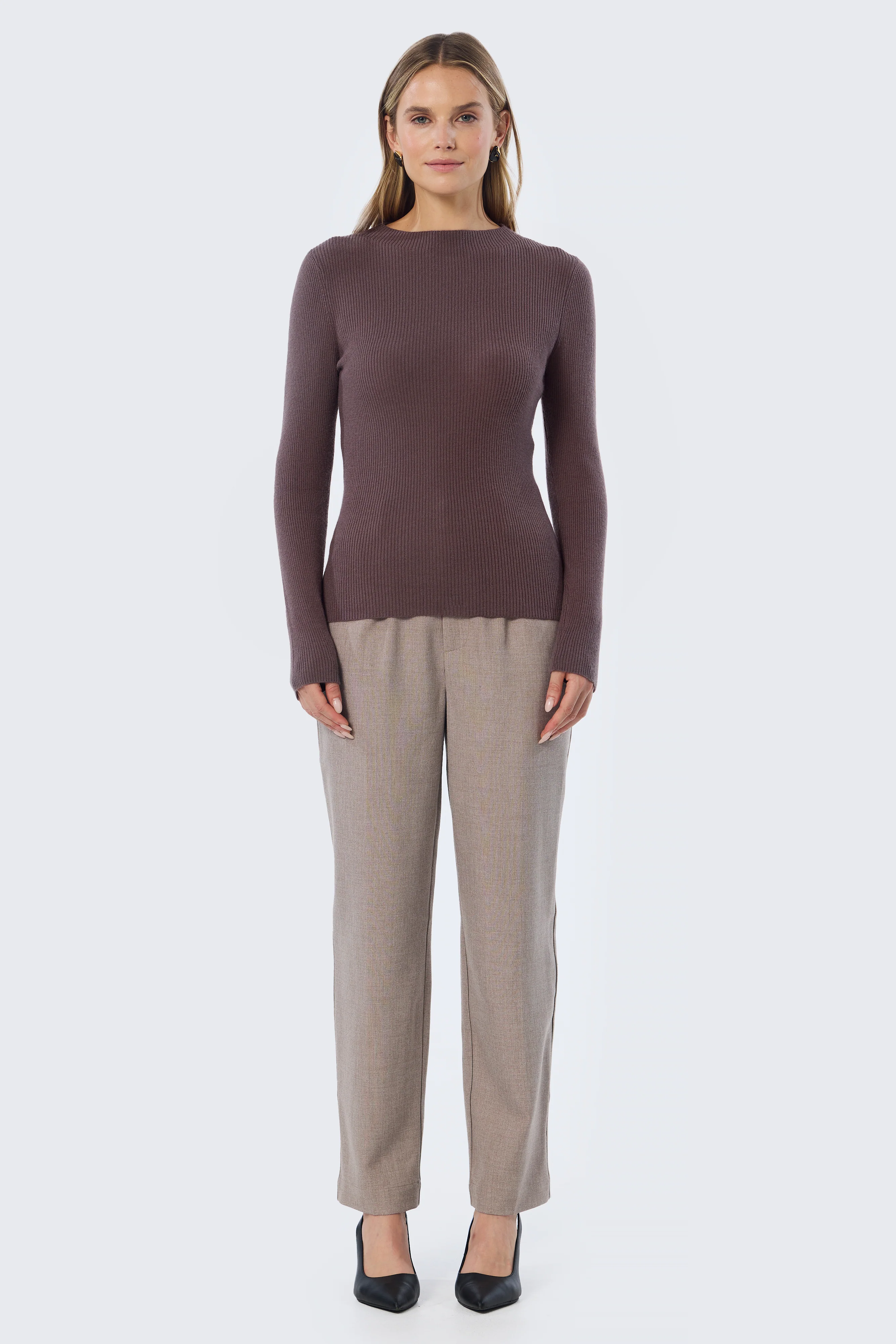 Mock Neck Long Sleeve Knit Top - Fudge - Image 4
