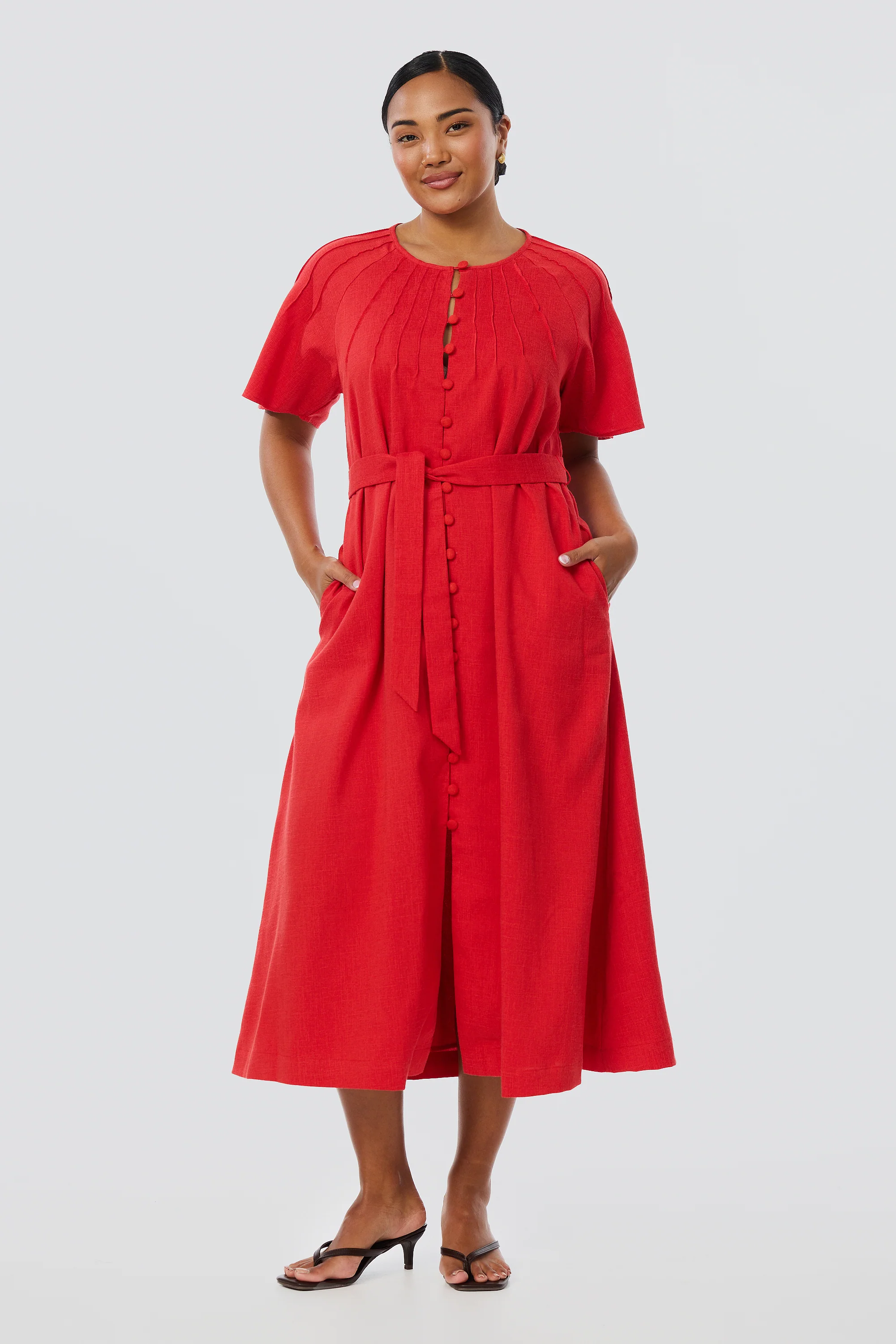Pintuck Buttoned Midi Dress - Crimson - Image 3