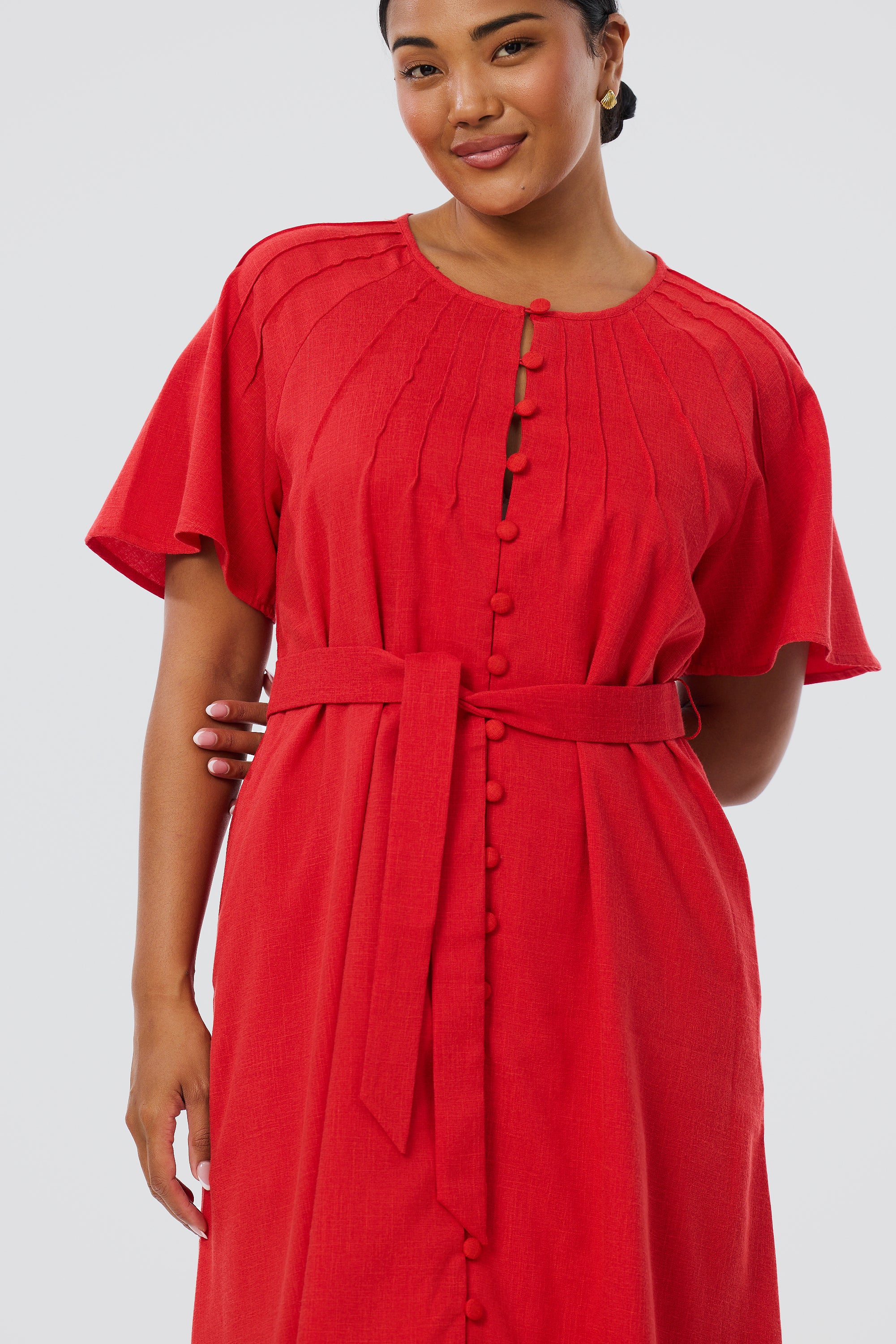 Pintuck Buttoned Midi Dress - Crimson - Image 4