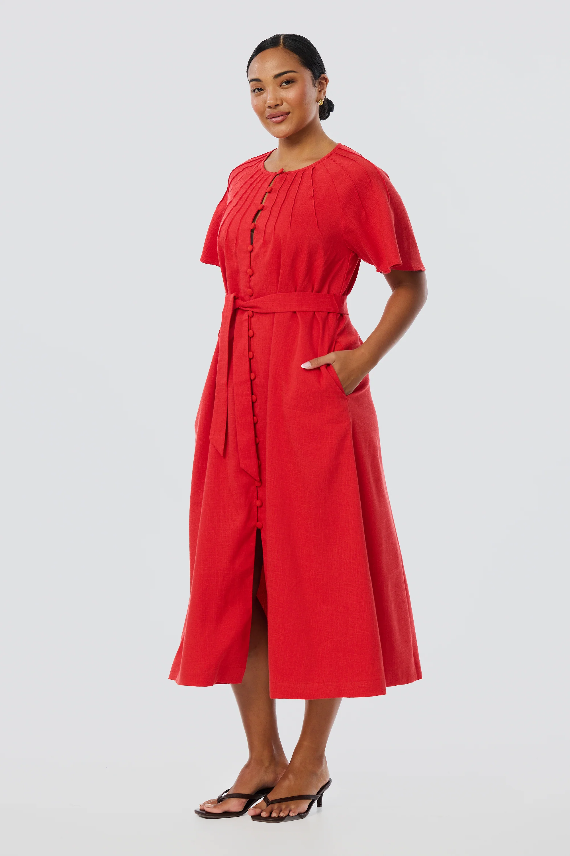 Pintuck Buttoned Midi Dress - Crimson - Image 5