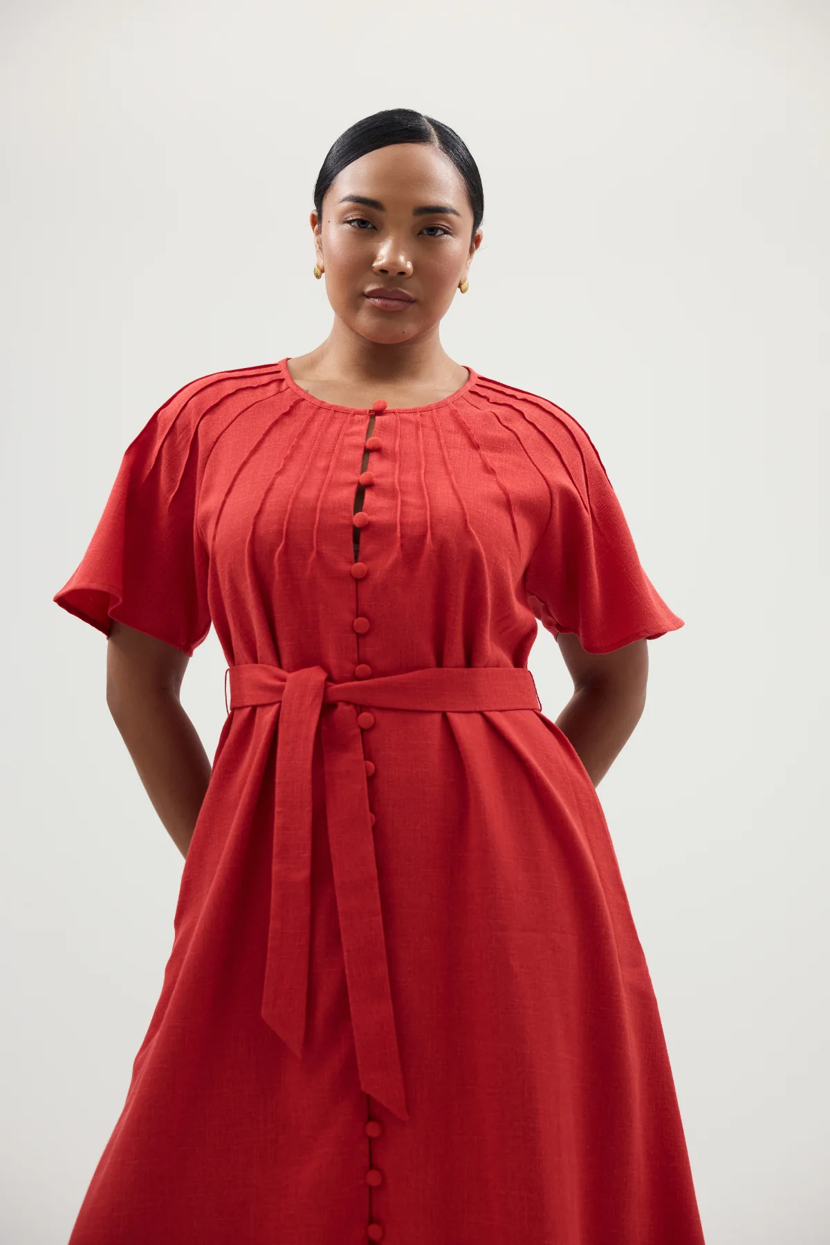 Pintuck Buttoned Midi Dress - Crimson - Image 7