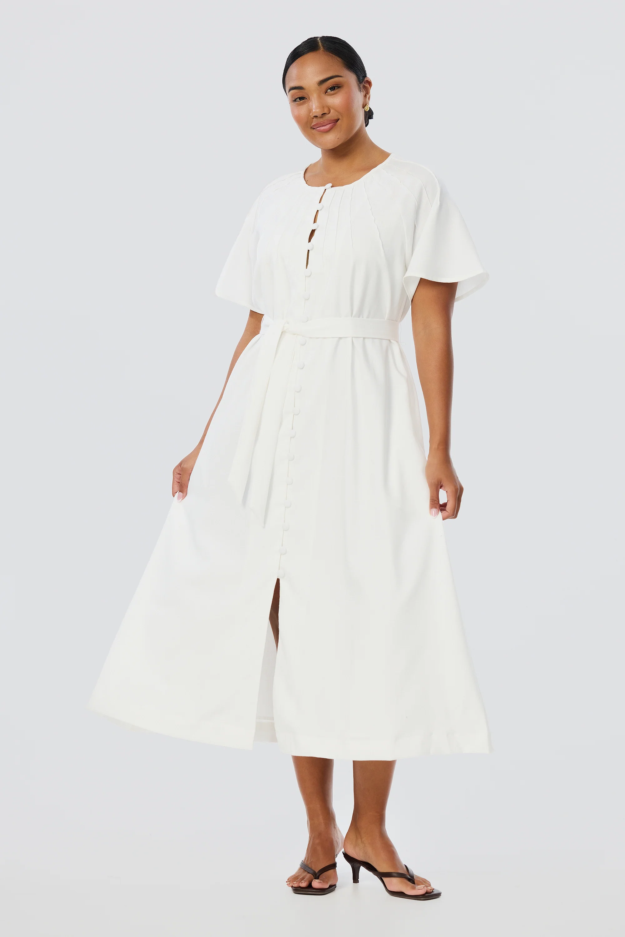 Pintuck Buttoned Midi Dress - White - Image 3