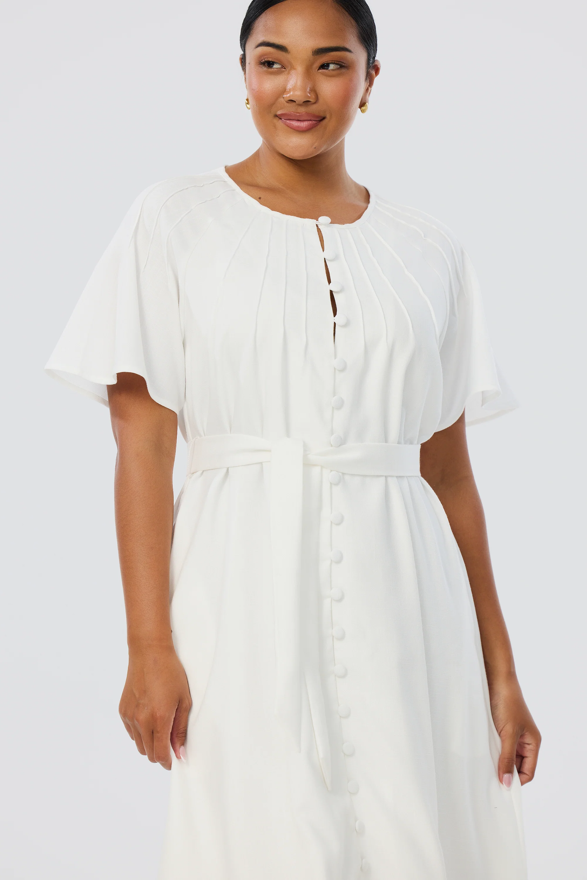 Pintuck Buttoned Midi Dress - White - Image 4