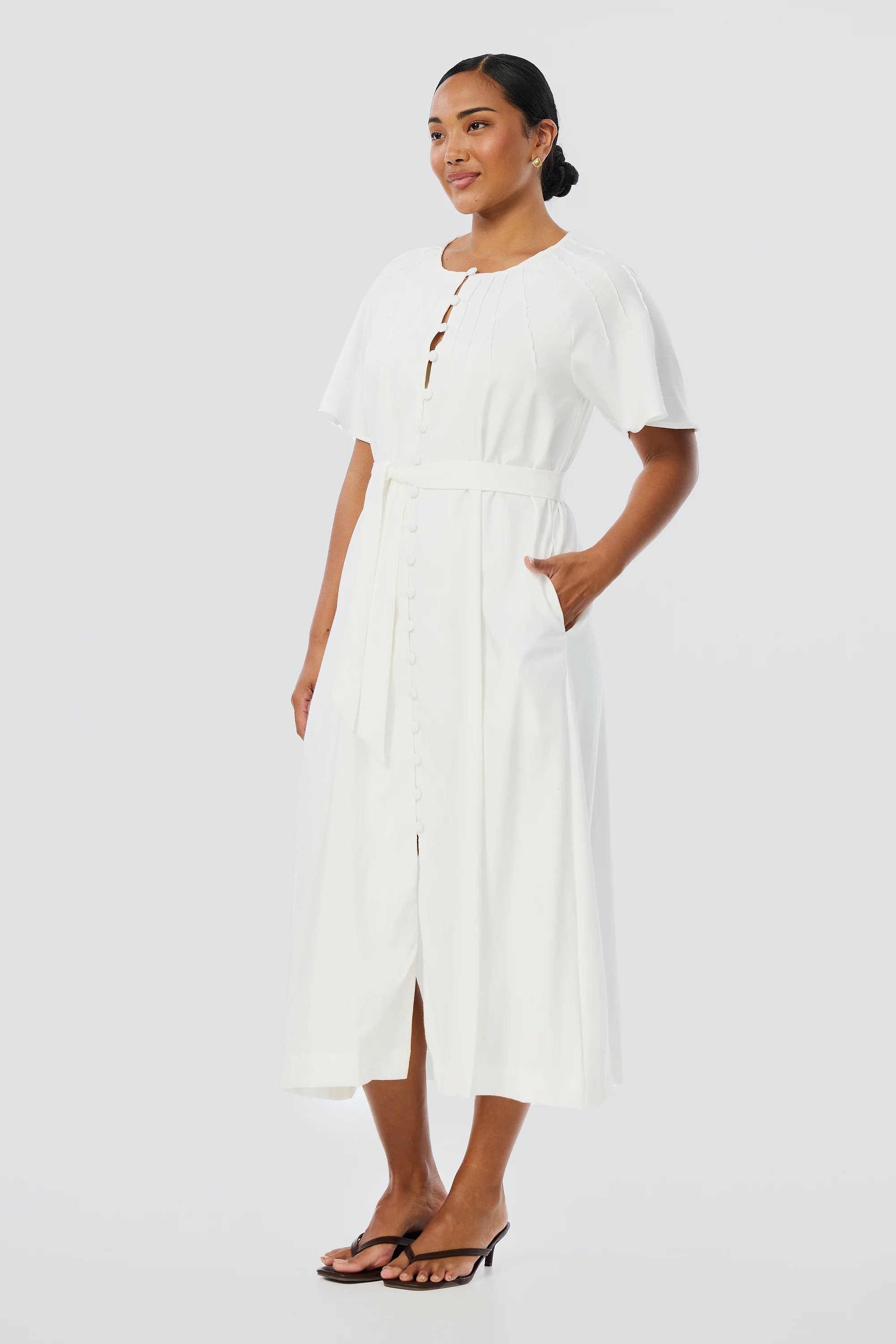 Pintuck Buttoned Midi Dress - White - Image 5
