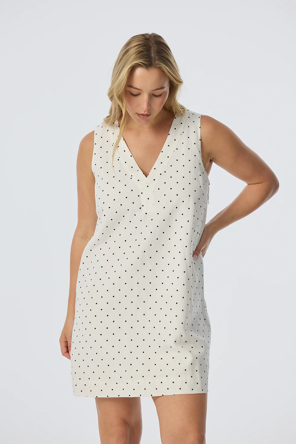 Placket Mini Dress - White/Black Spot - Image 3