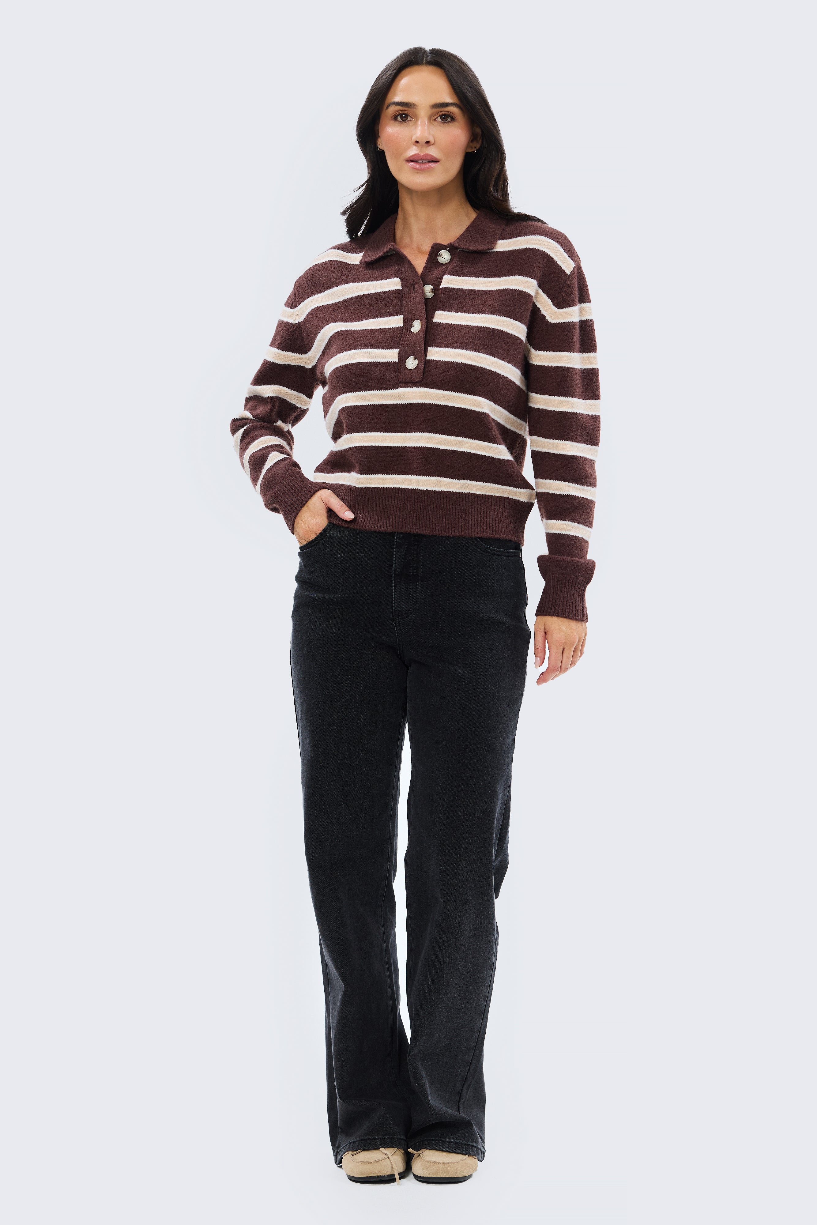 Rugby Knit Jumper - Cappuccino & Ecru Stripe - Image 4