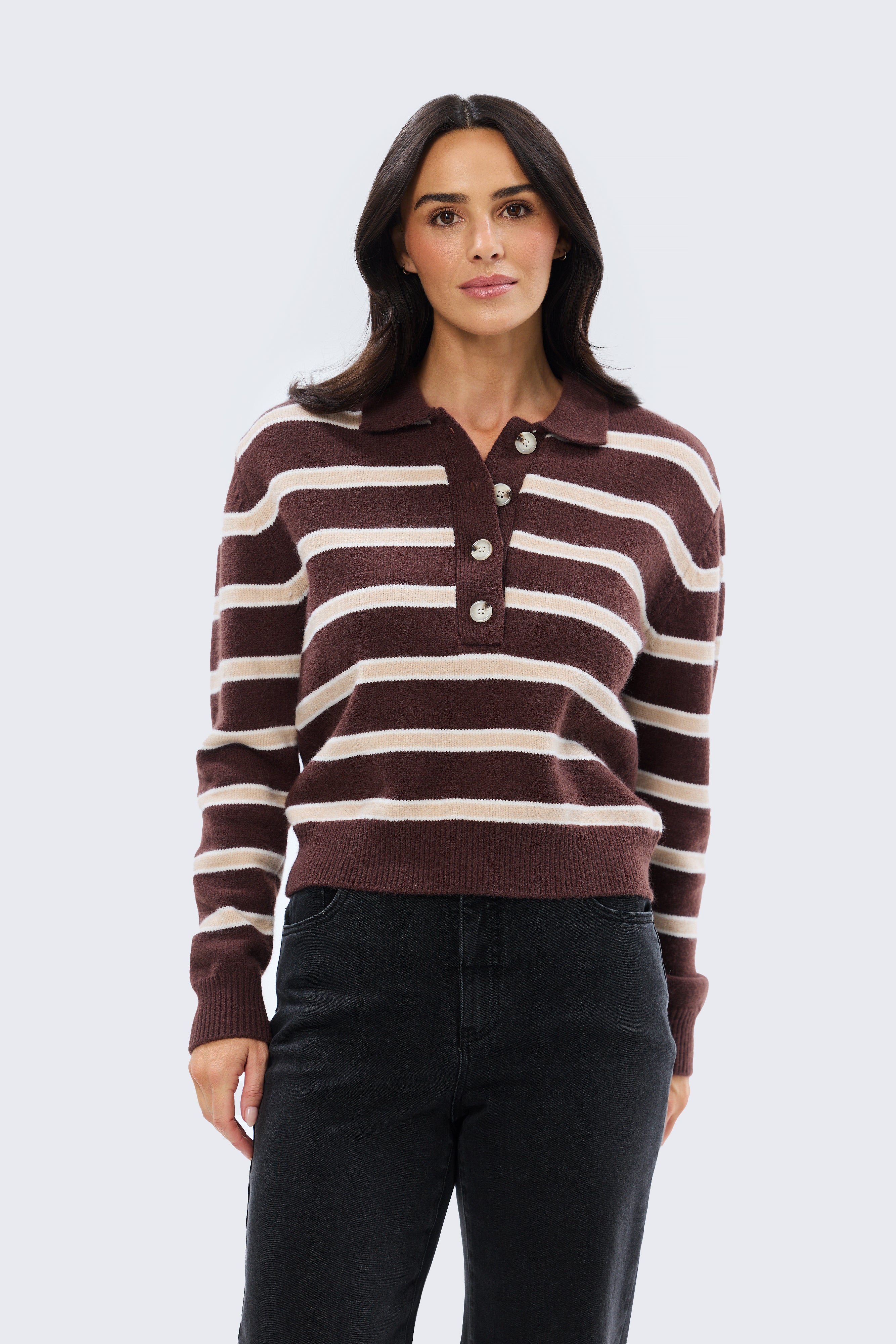 Rugby Knit Jumper - Cappuccino & Ecru Stripe - Image 5