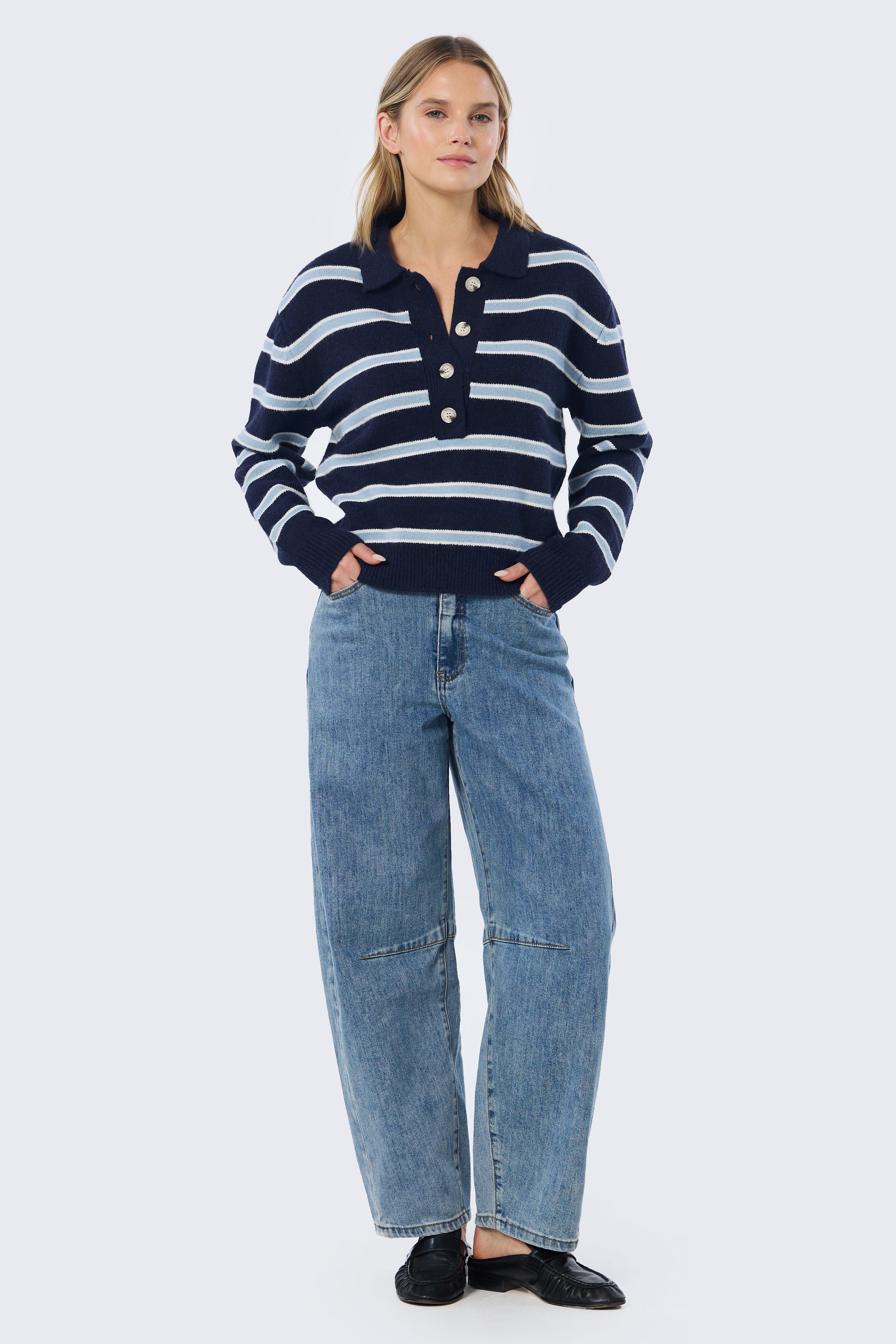 Rugby Knit Jumper - Navy & Sky Blue Stripe - Image 3