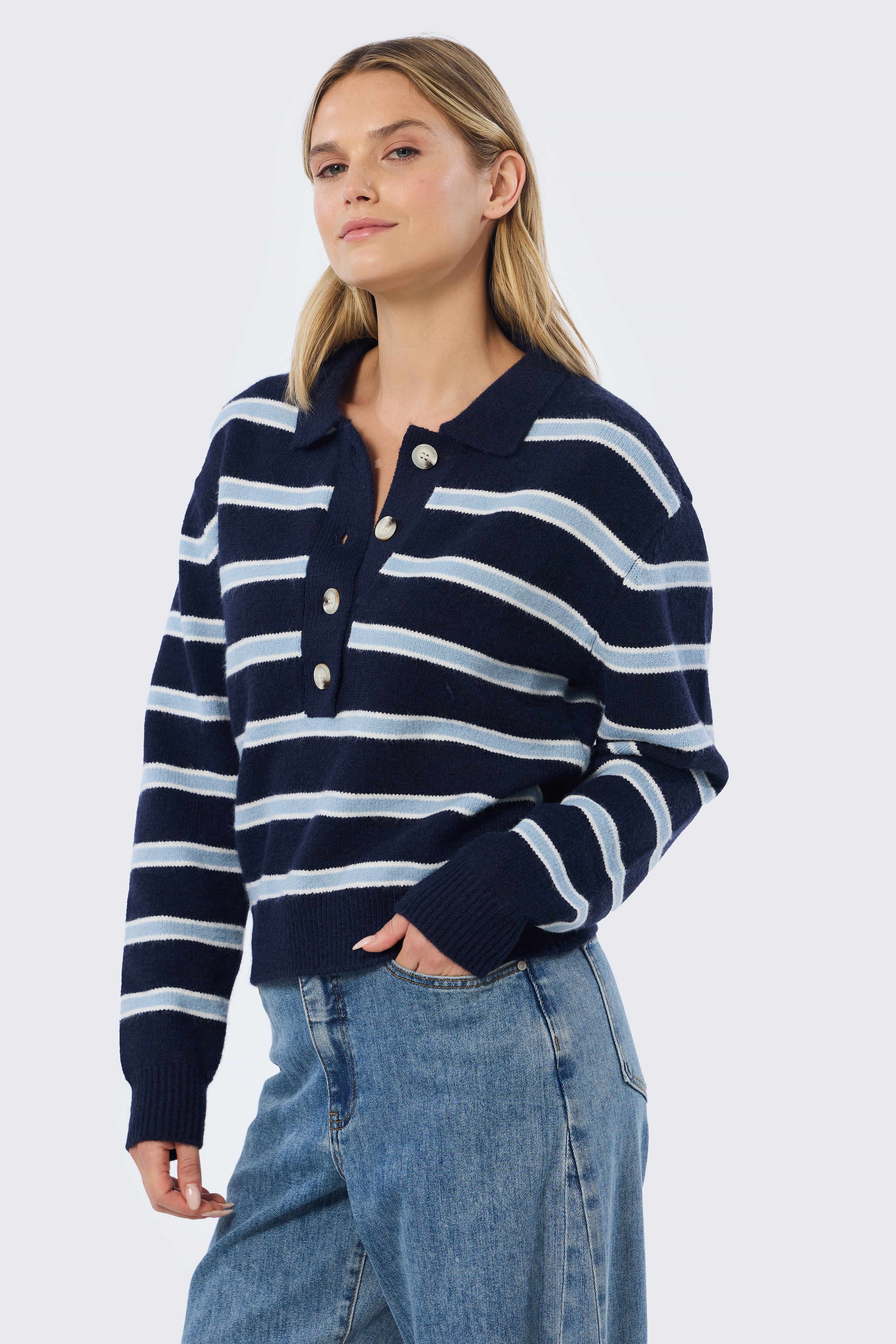 Rugby Knit Jumper - Navy & Sky Blue Stripe - Image 4