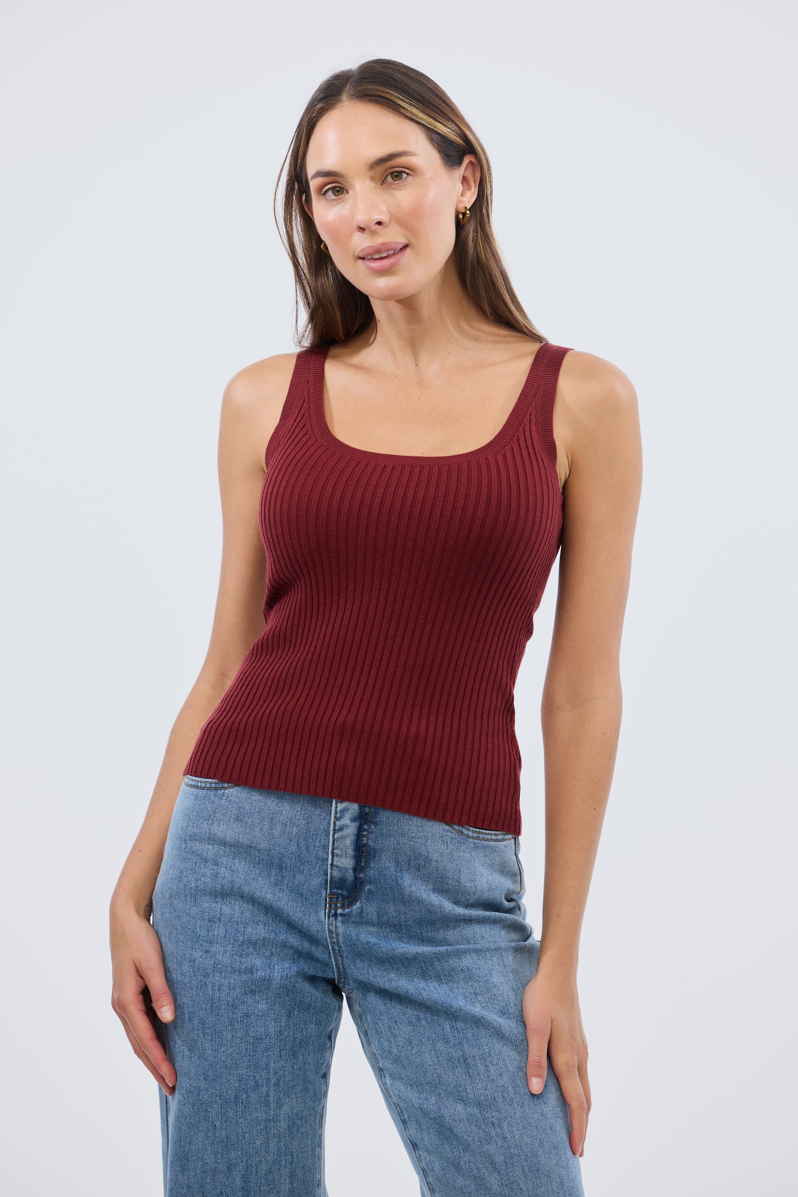 Scoop Neck Knit Tank - Rust Red - Image 2