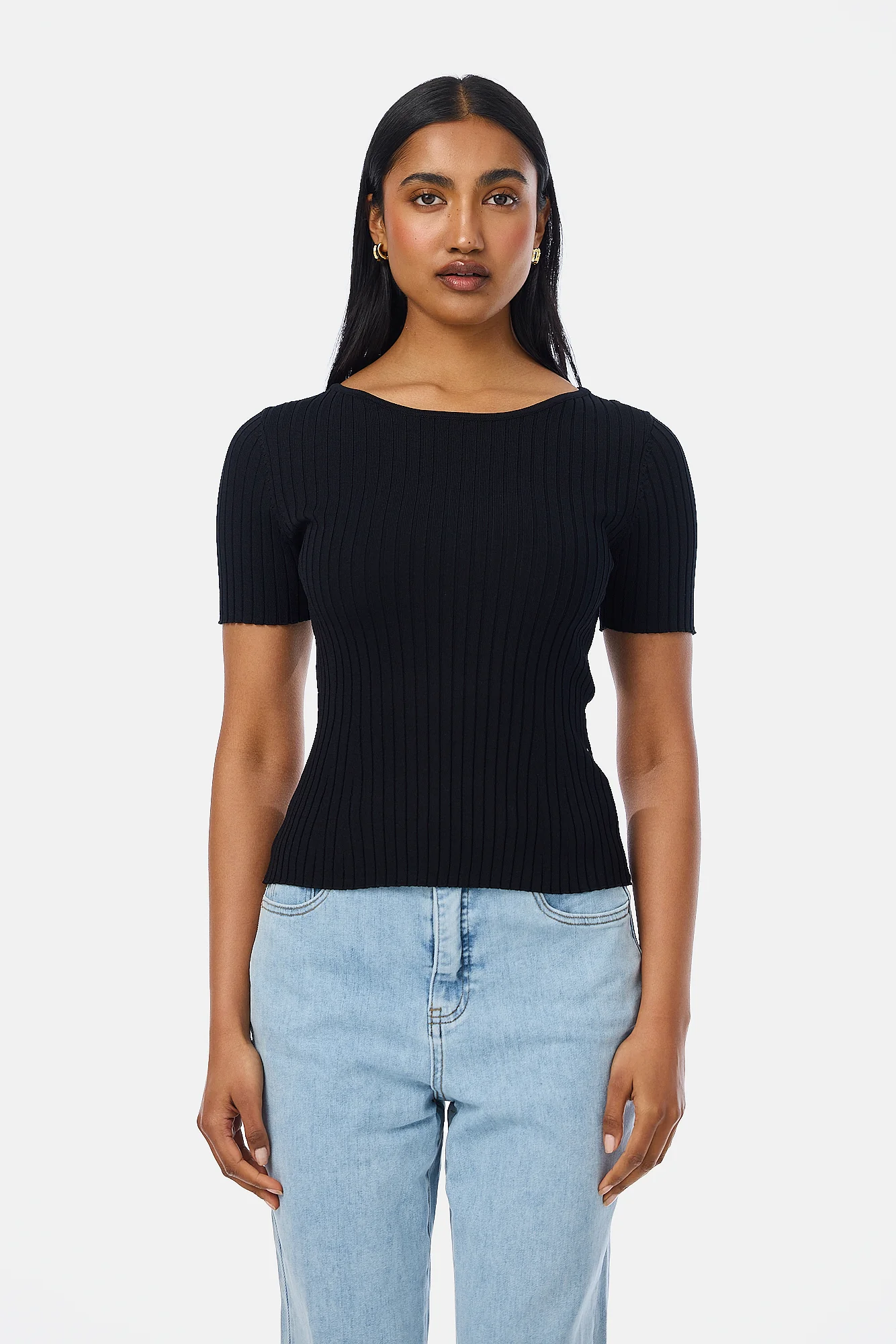 Short Sleeve Boat Neck Knit Top - Black - Image 3