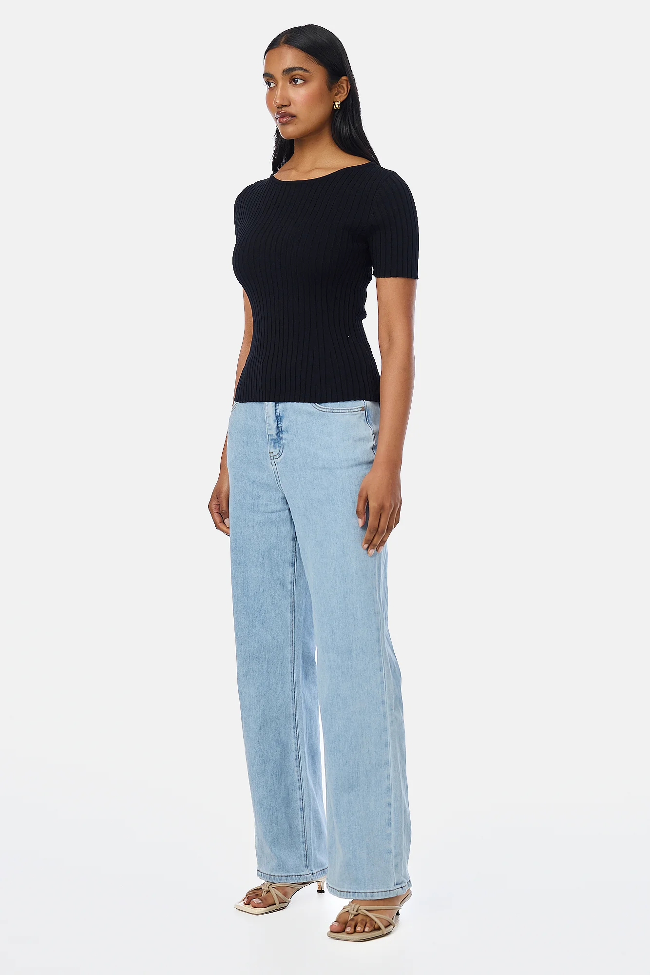 Short Sleeve Boat Neck Knit Top - Black - Image 4