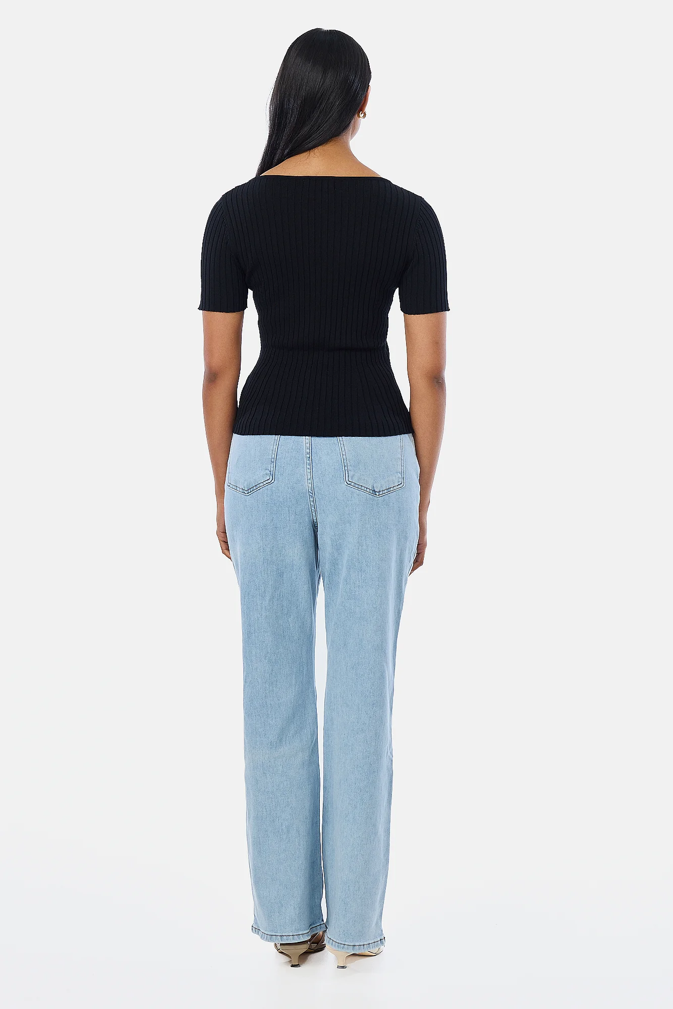 Short Sleeve Boat Neck Knit Top - Black - Image 5