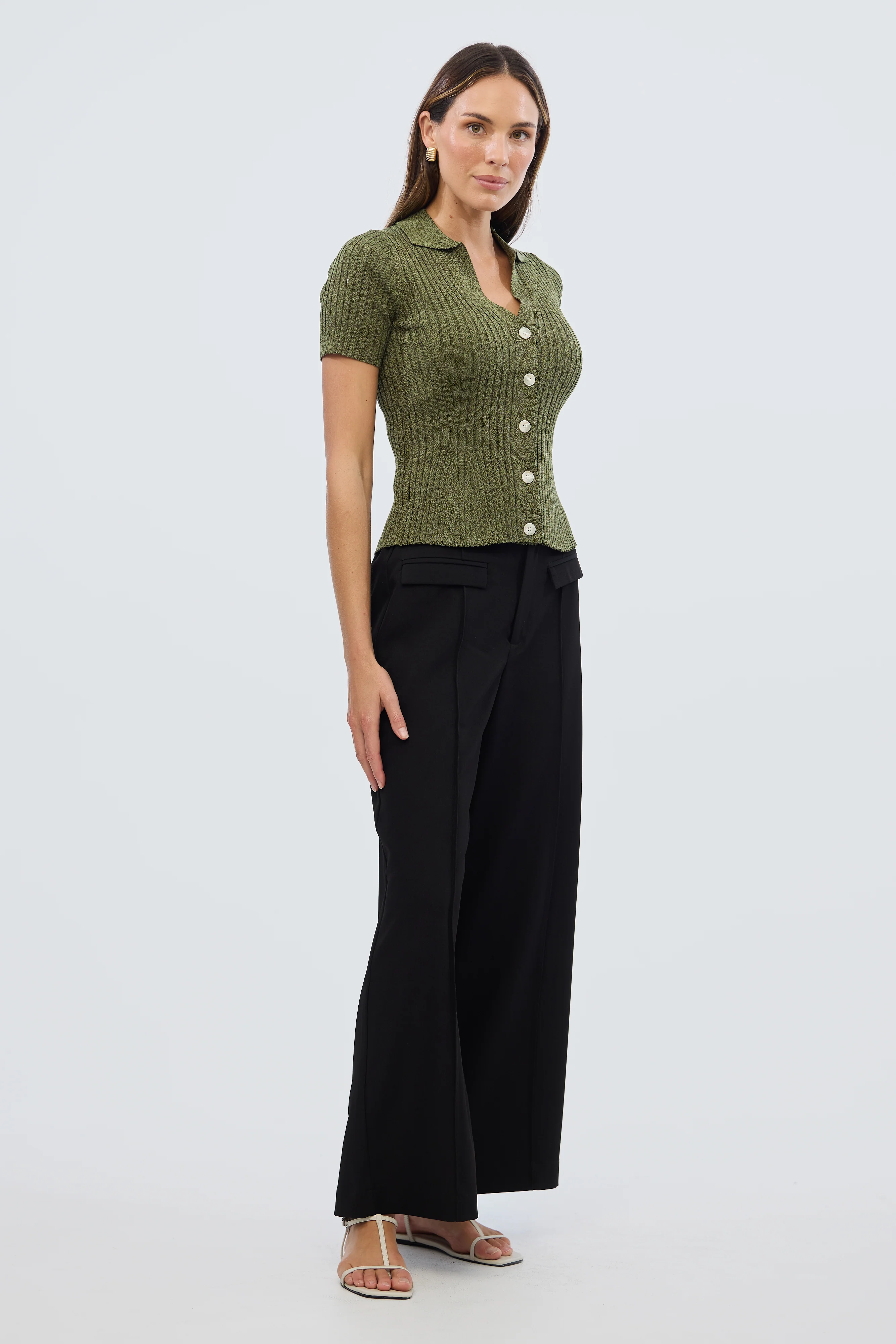 Short Sleeve Button Knit Top - Khaki Marl - Image 4