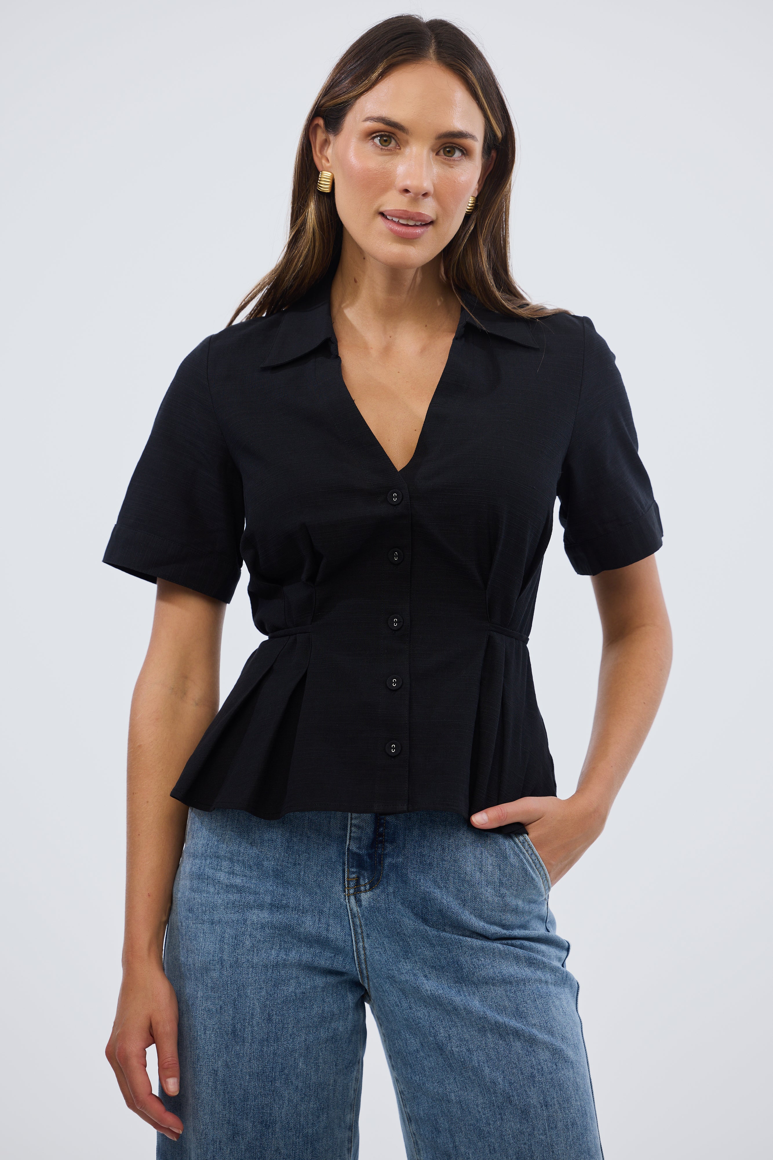 Short Sleeve Pintuck Shirt - Black