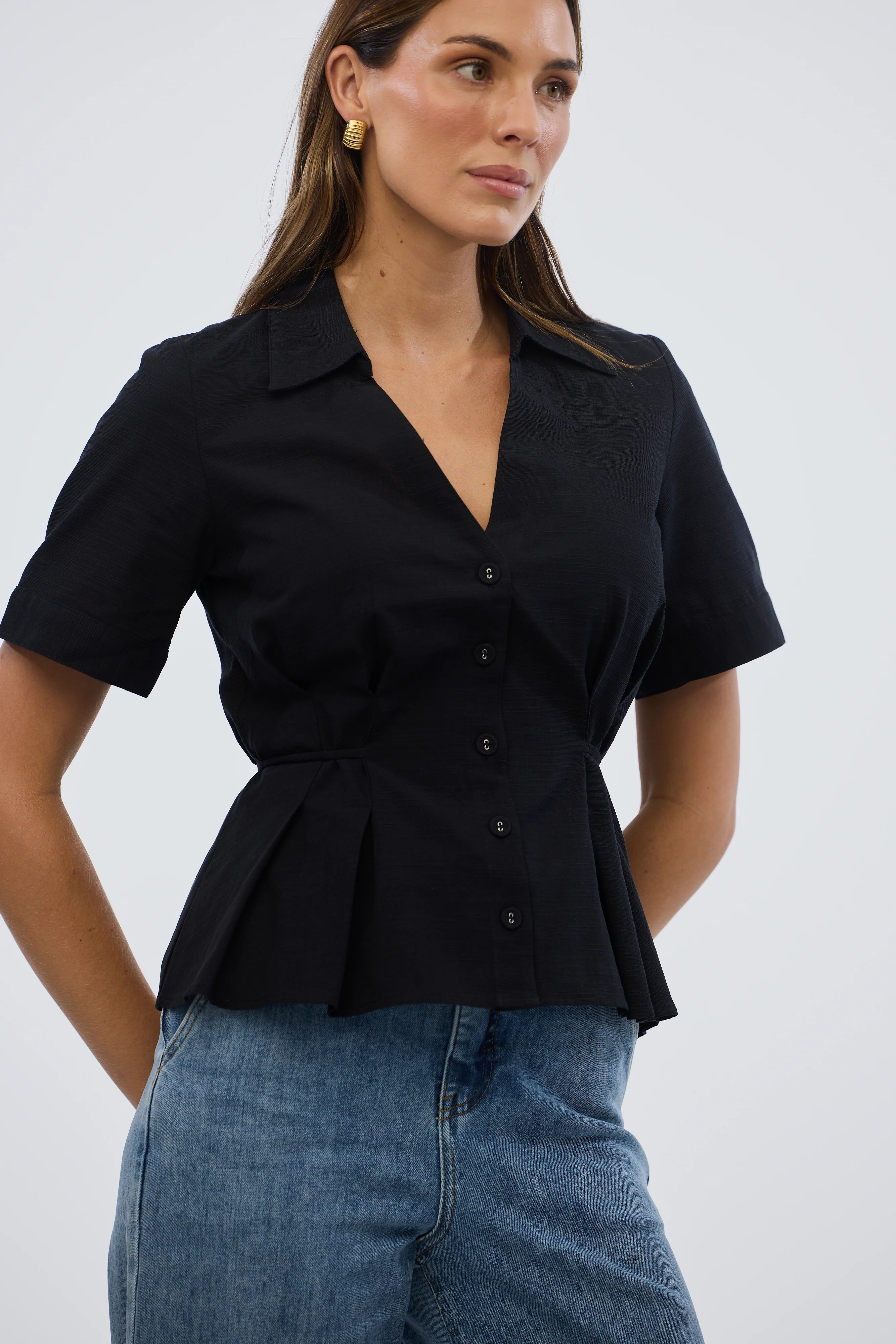 Short Sleeve Pintuck Shirt - Black - Image 7