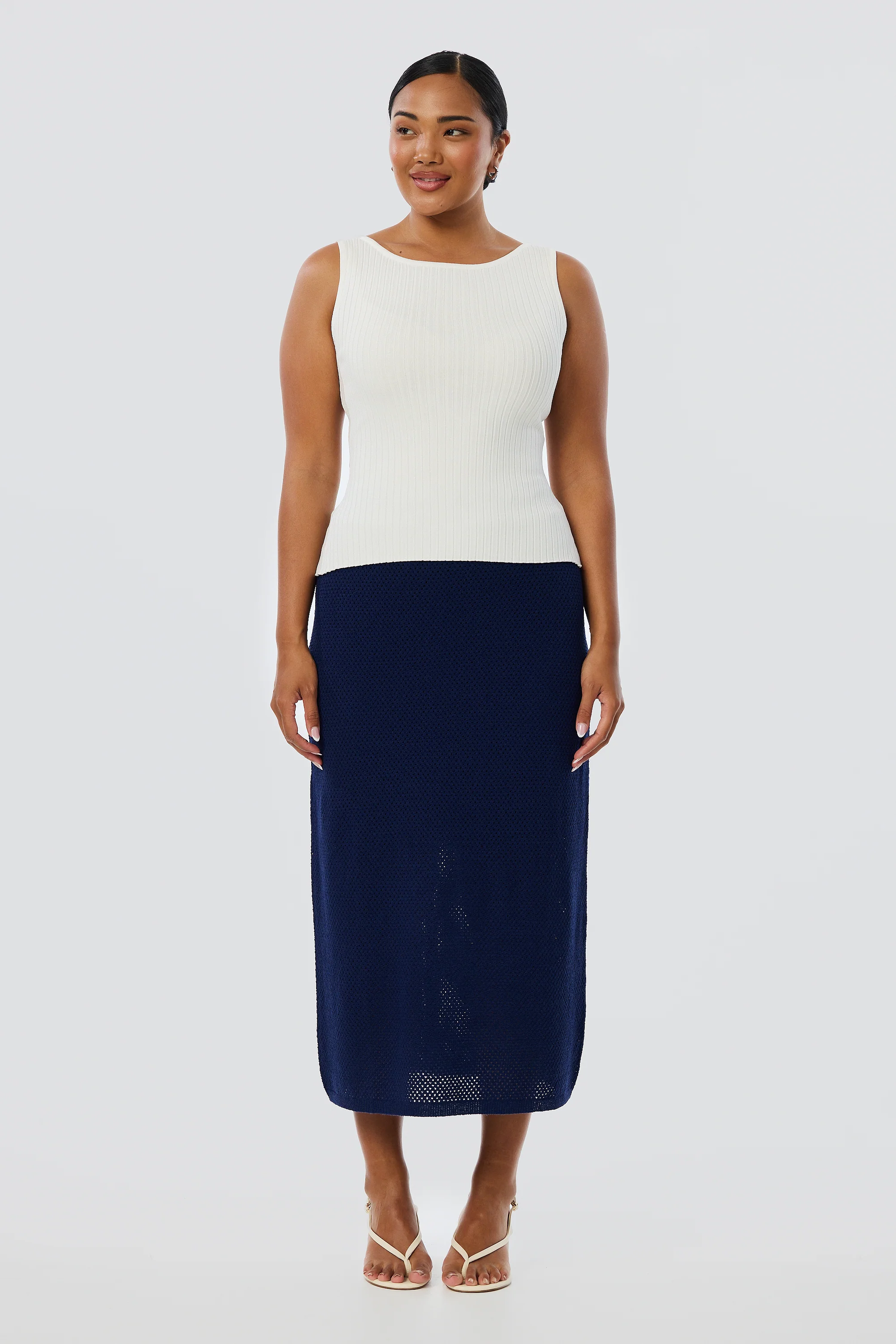Sleeveless Boat Neck Knit Top - White - Image 3