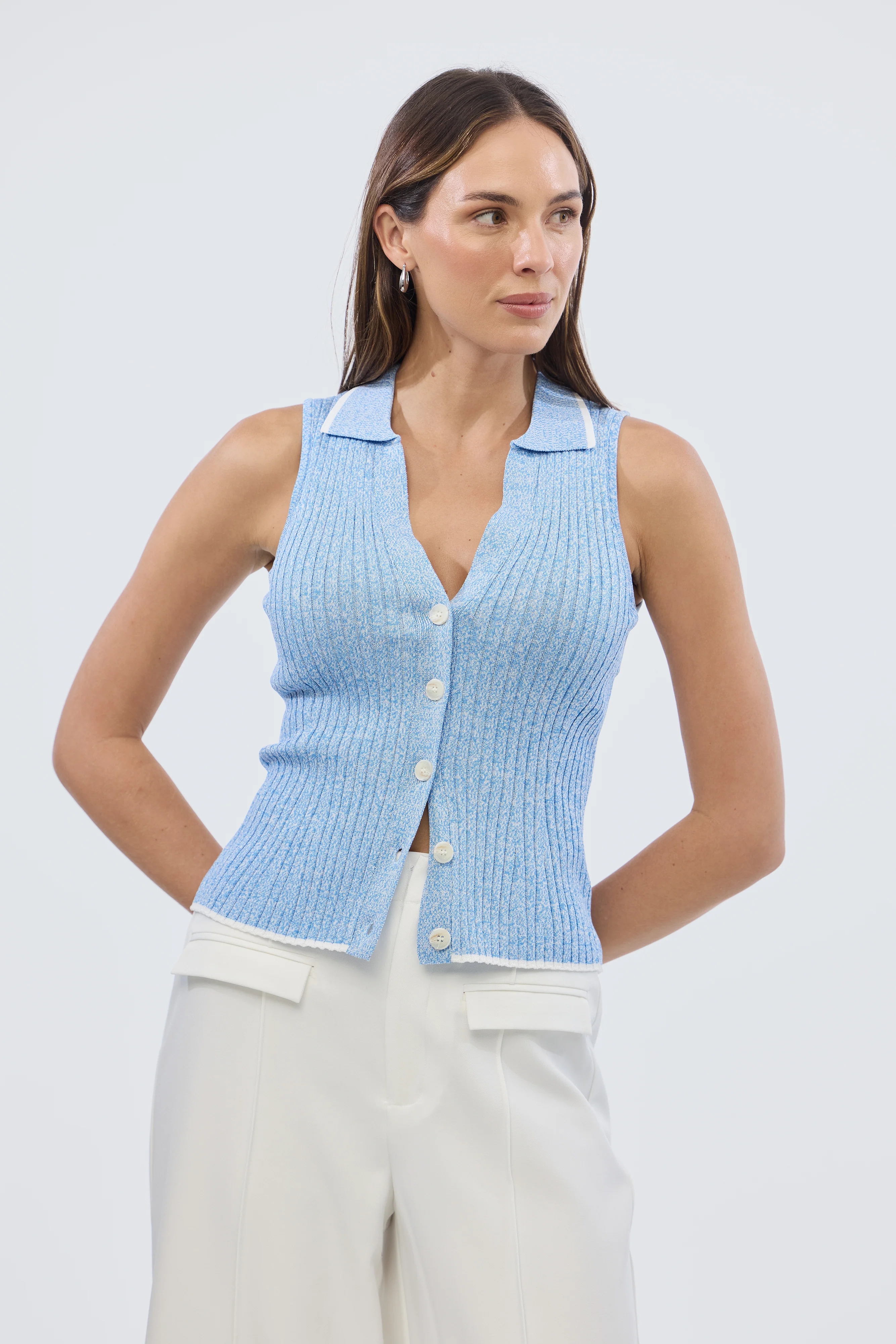 Sleeveless Buttoned Knit Top - Azure Blue Marl