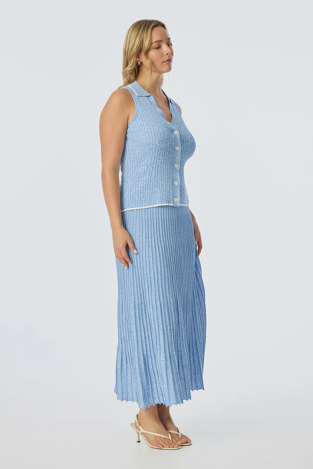 Sleeveless Buttoned Knit Top - Azure Blue Marl - Image 10