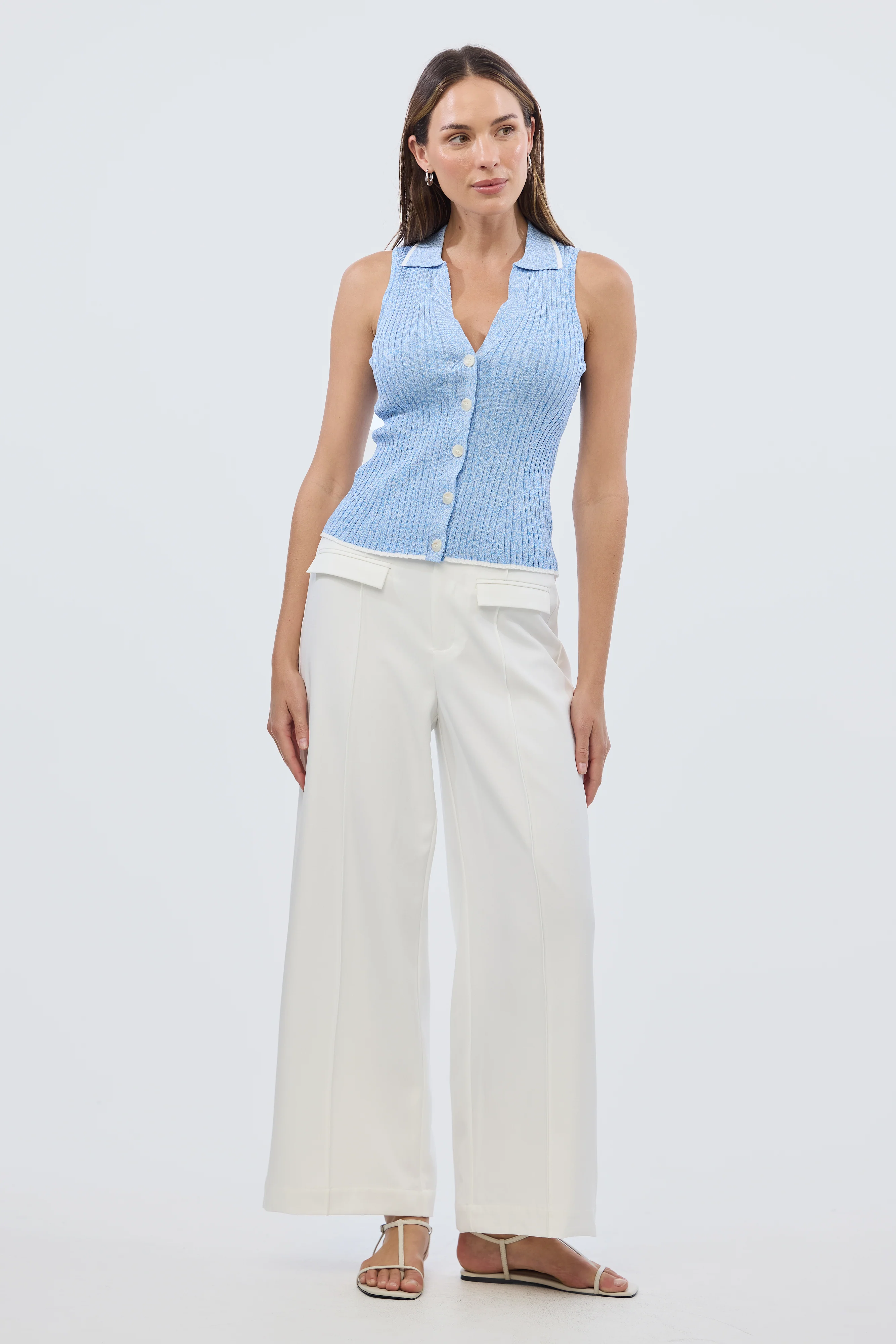 Sleeveless Buttoned Knit Top - Azure Blue Marl - Image 3