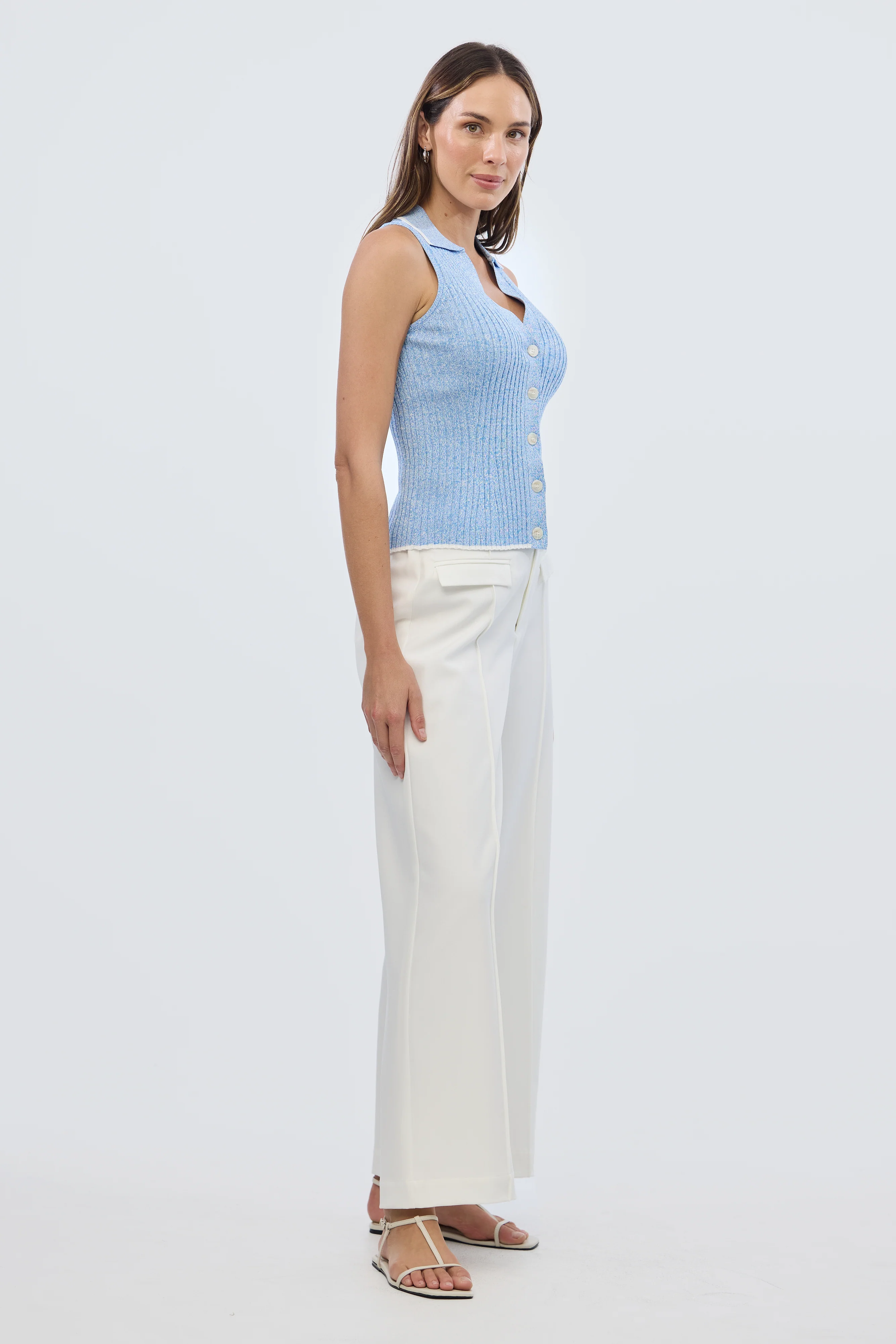 Sleeveless Buttoned Knit Top - Azure Blue Marl - Image 5