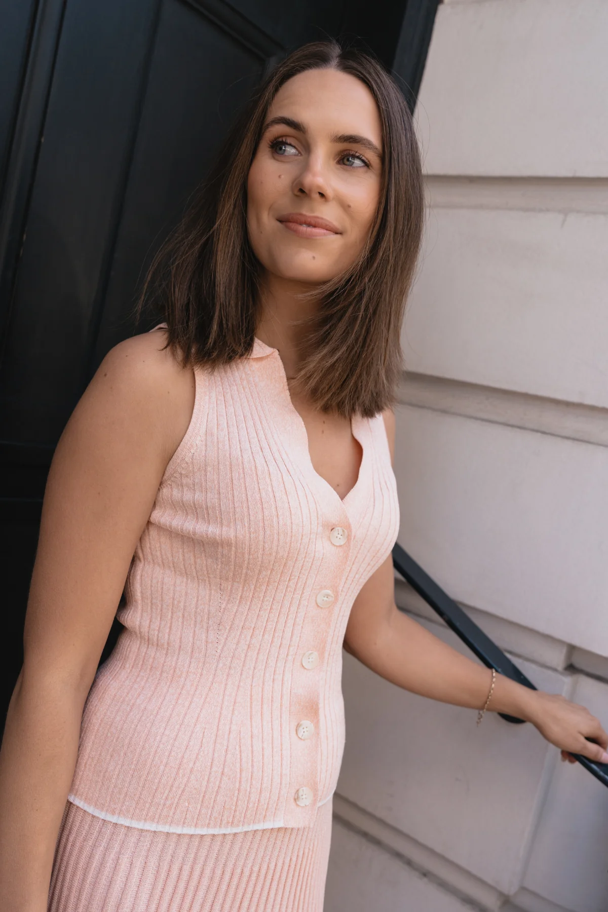 Sleeveless Buttoned Knit Top - Peach Marl - Image 10