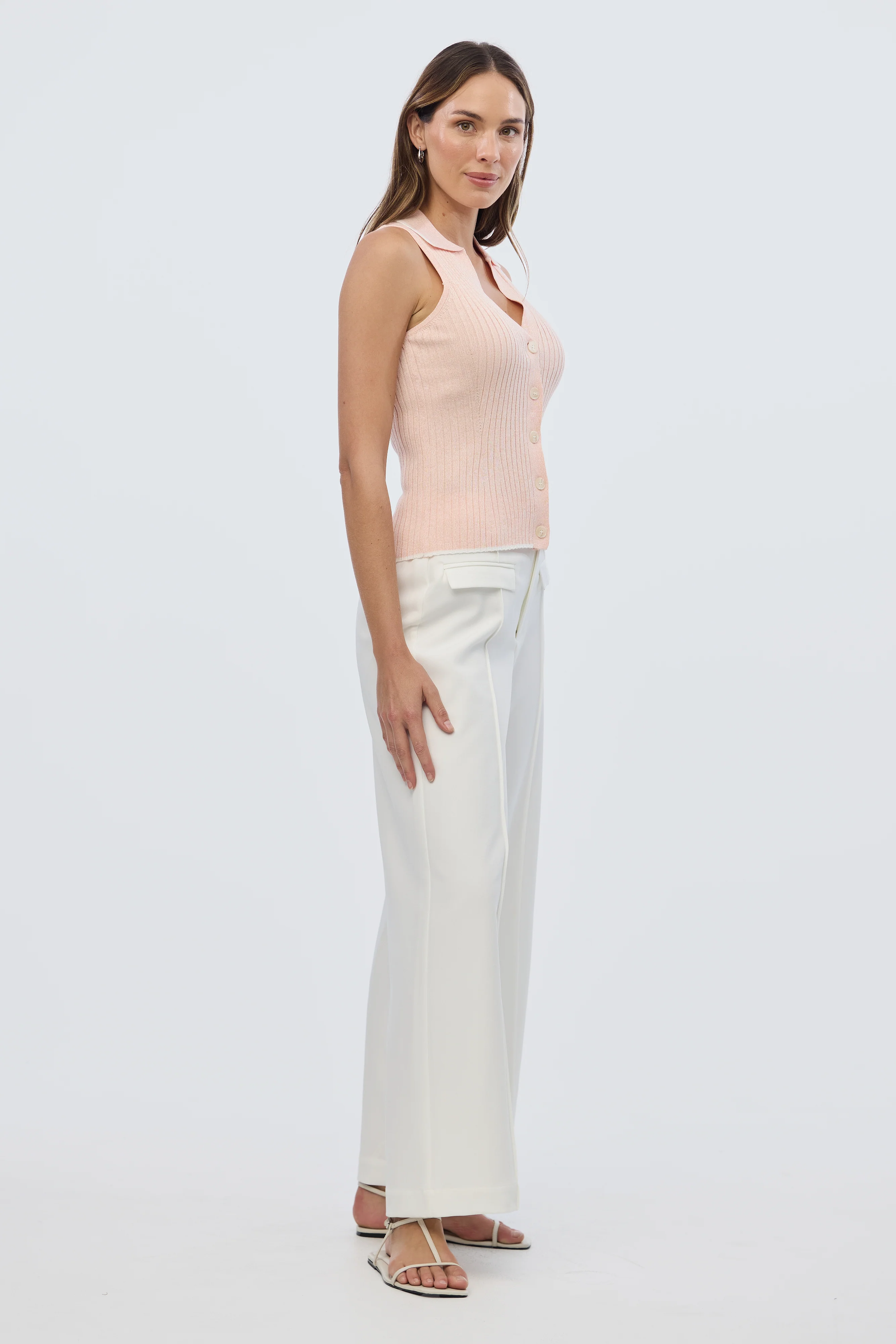 Sleeveless Buttoned Knit Top - Peach Marl - Image 3