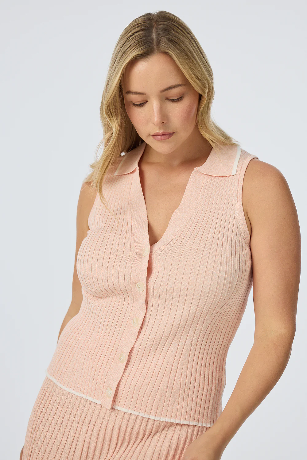 Sleeveless Buttoned Knit Top - Peach Marl - Image 6