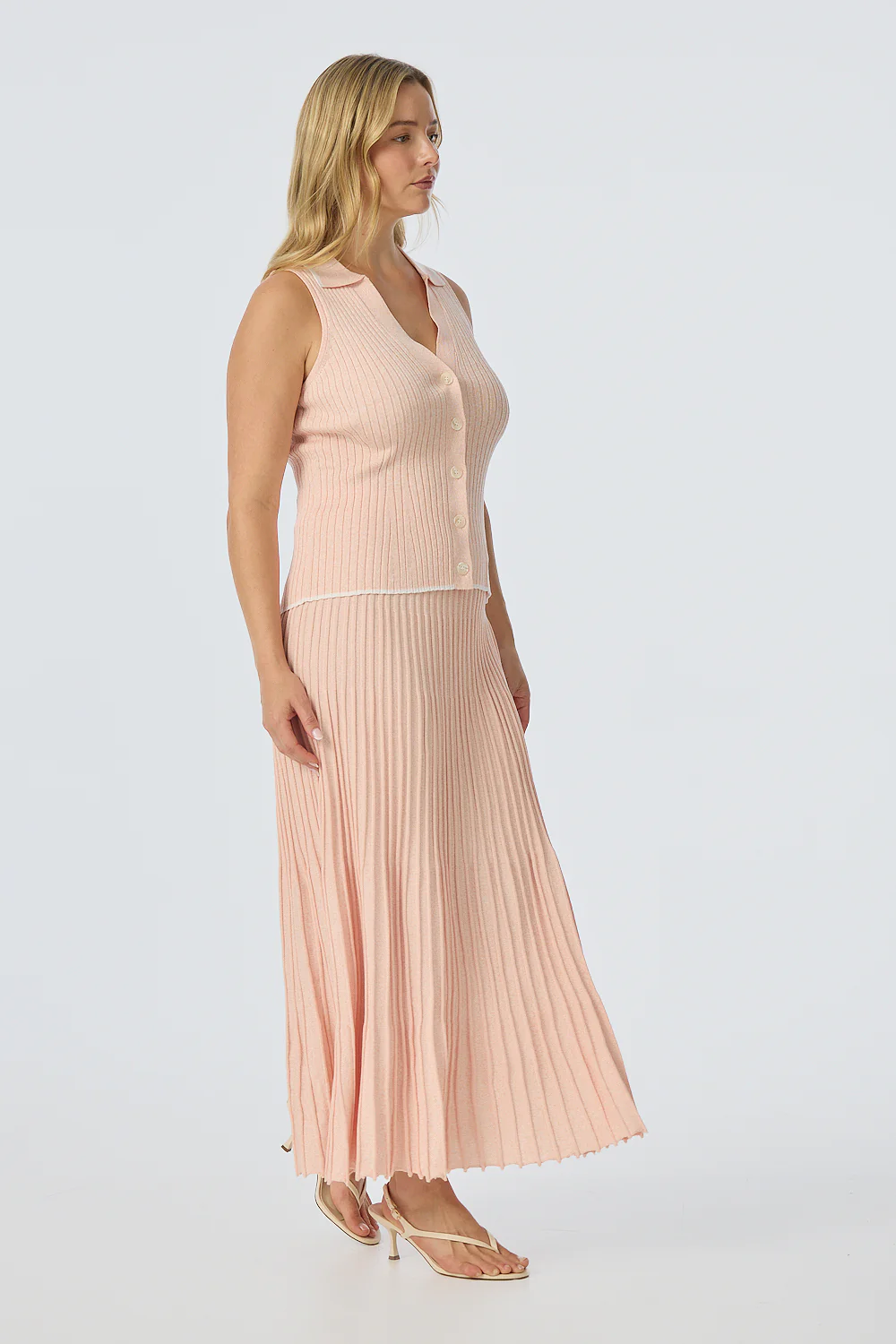Sleeveless Buttoned Knit Top - Peach Marl - Image 8