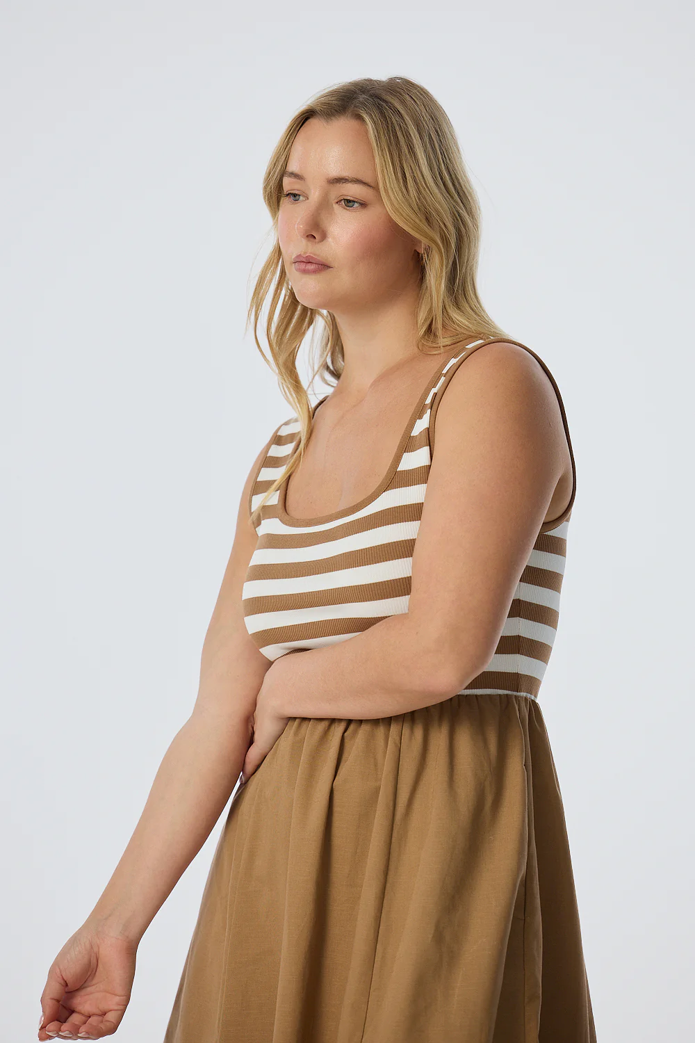 Square Neck Gathered Dress - Biscotti/White Stripe - Image 3