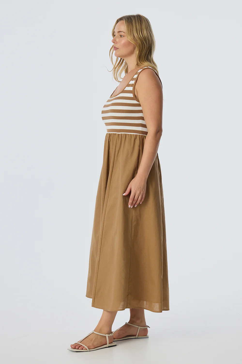 Square Neck Gathered Dress - Biscotti/White Stripe - Image 4