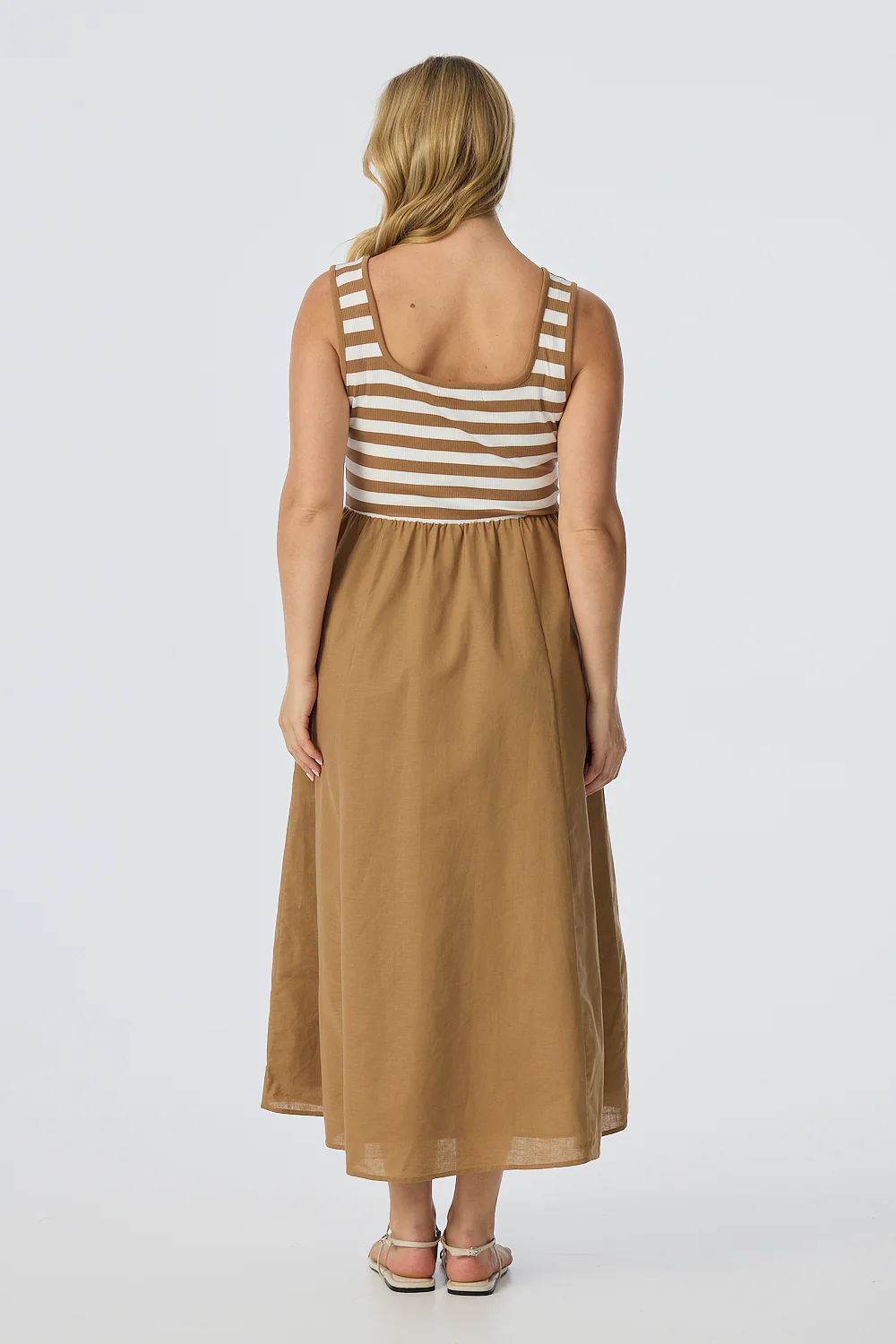 Square Neck Gathered Dress - Biscotti/White Stripe - Image 5