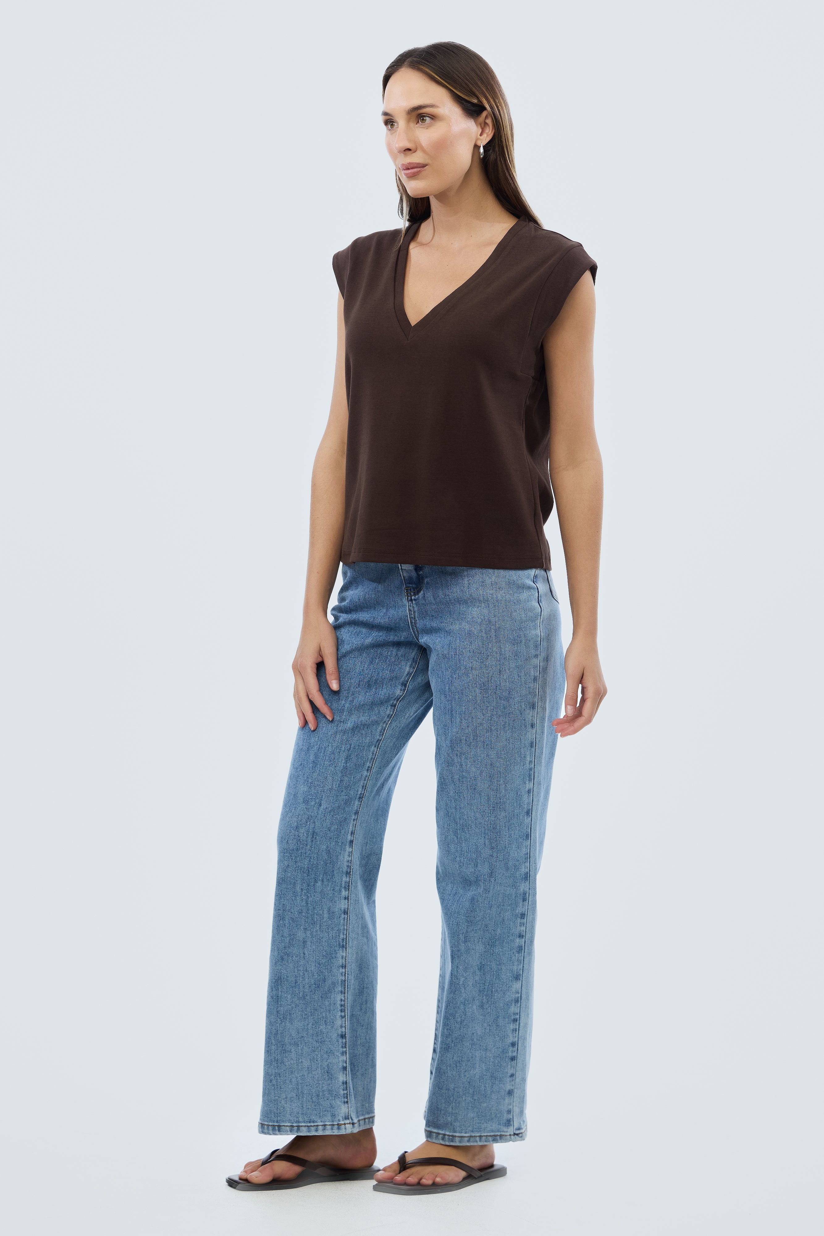 V Neck Cap Sleeve Jersey Tank - Bitter Chocolate - Image 3