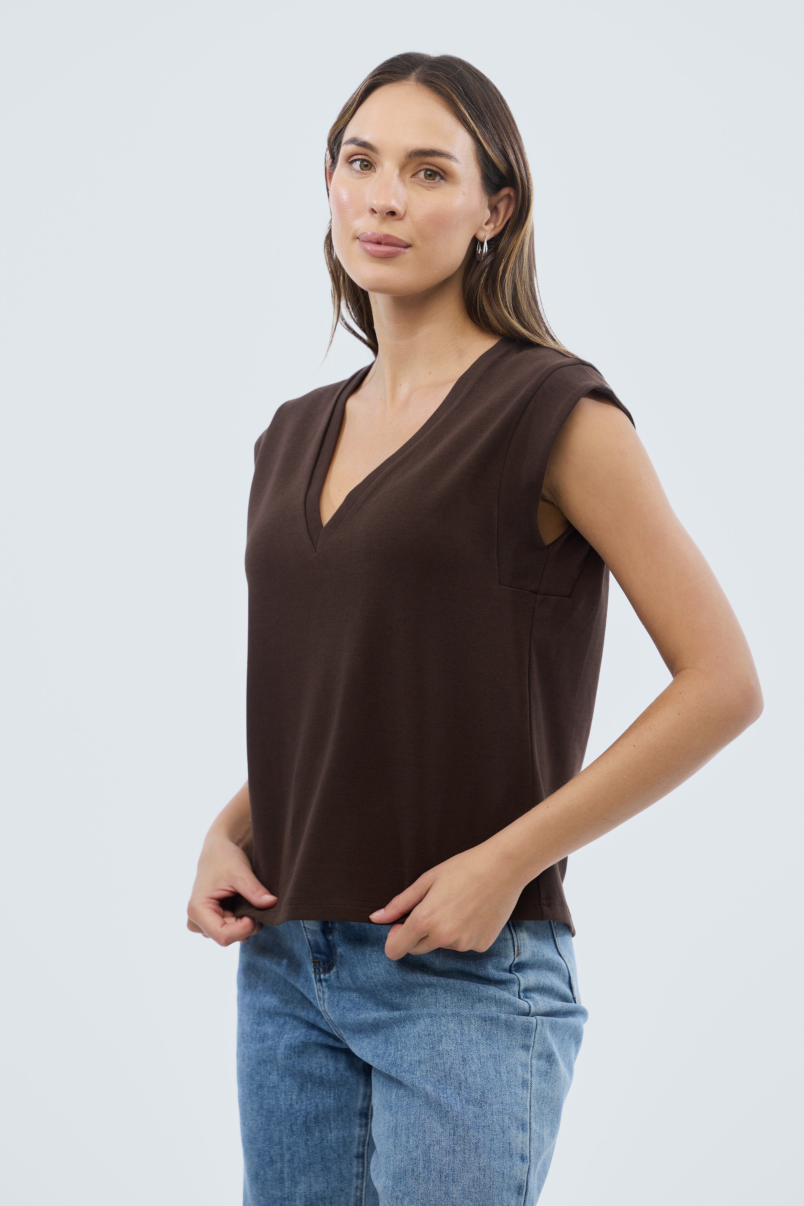 V Neck Cap Sleeve Jersey Tank - Bitter Chocolate - Image 4