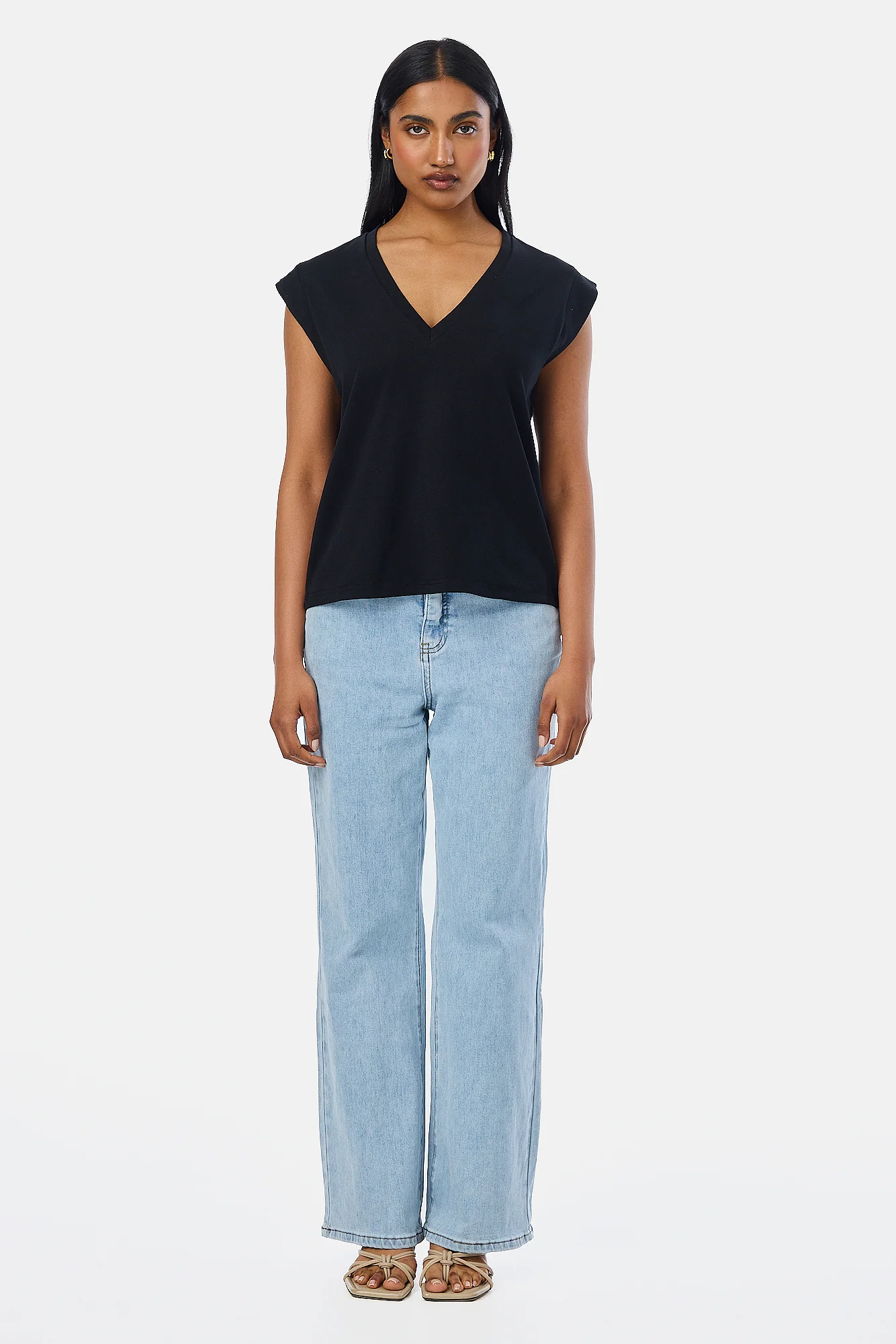 V-Neck Cap Sleeve Jersey Tank - Black - Image 3