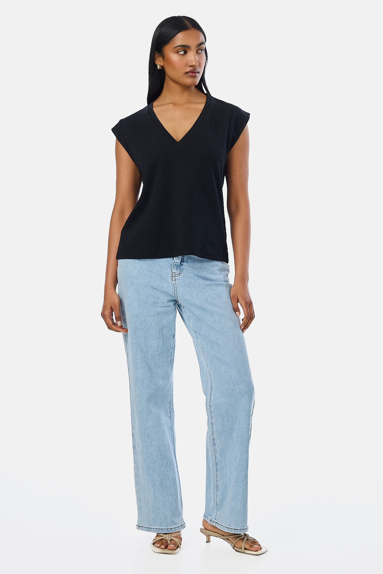 V-Neck Cap Sleeve Jersey Tank - Black - Image 4