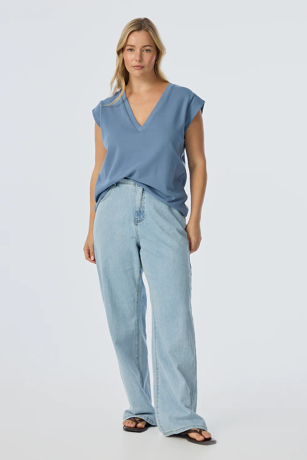 V Neck Cap Sleeve Jersey Tank - Steel Blue - Image 3