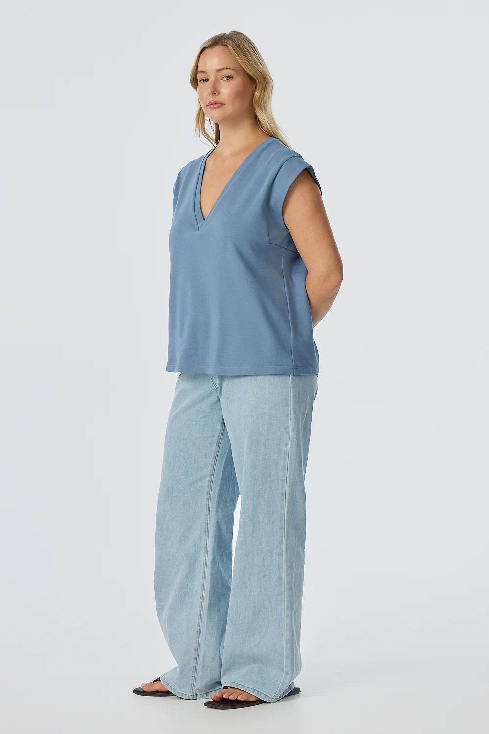 V Neck Cap Sleeve Jersey Tank - Steel Blue - Image 4