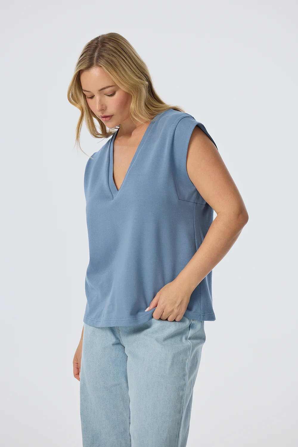 V Neck Cap Sleeve Jersey Tank - Steel Blue - Image 5