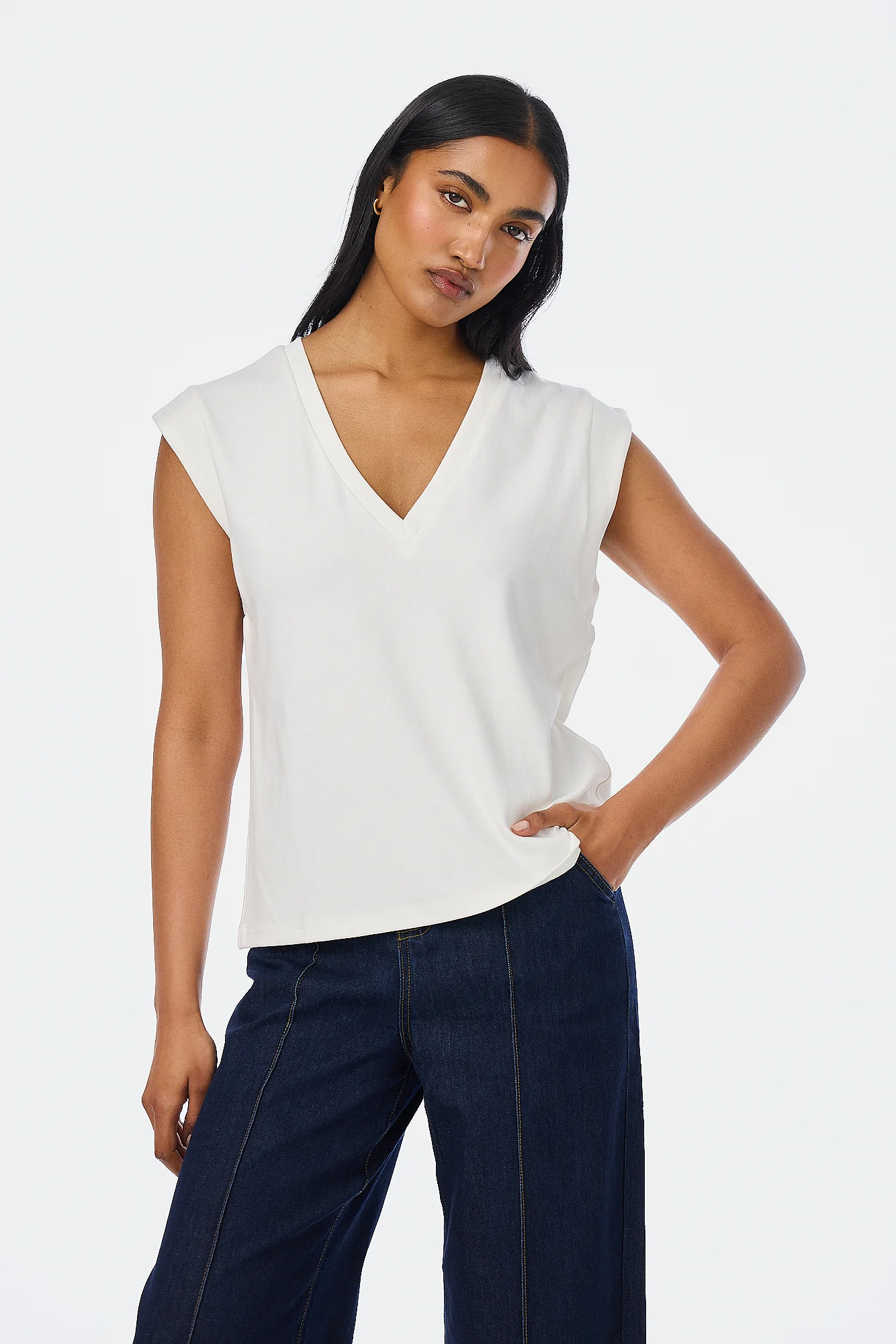 V-Neck Cap Sleeve Jersey Tank - White - Image 7