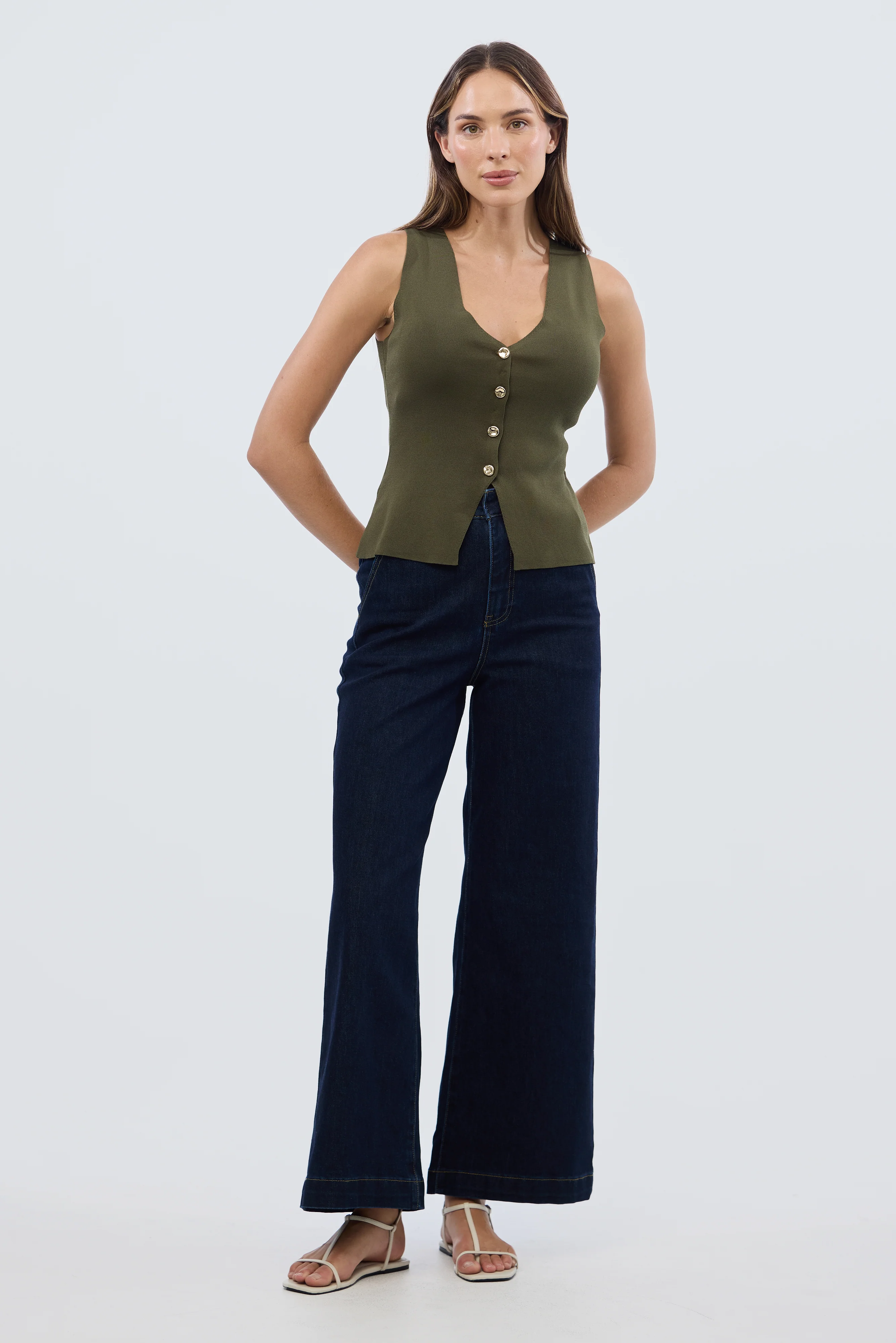 V Neck Knit Vest - Khaki - Image 3