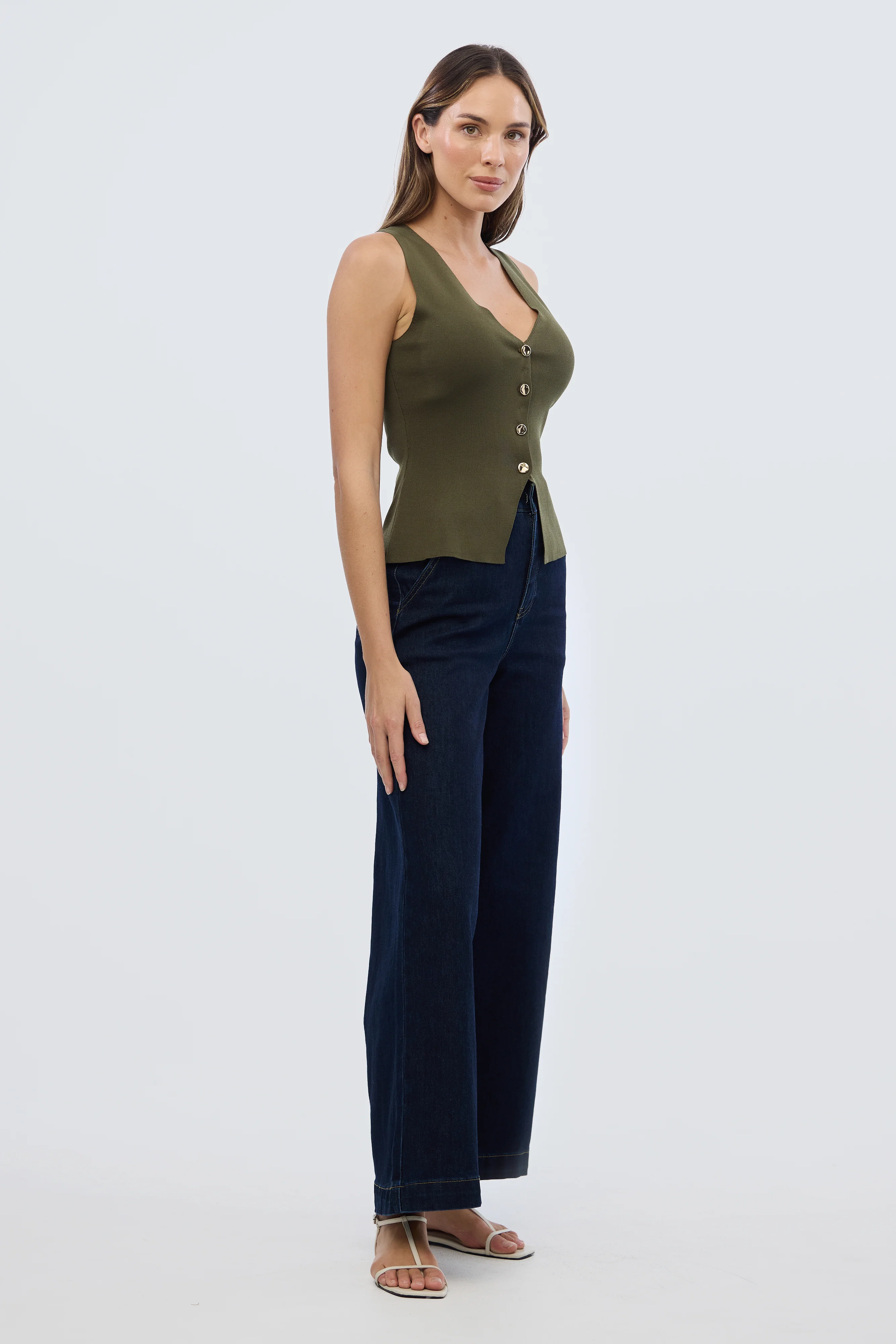V Neck Knit Vest - Khaki - Image 5