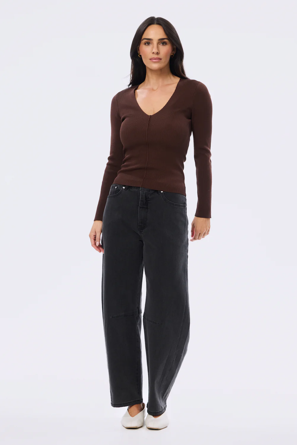 V Neck Long Sleeve Knit Top - Cappuccino - Image 3