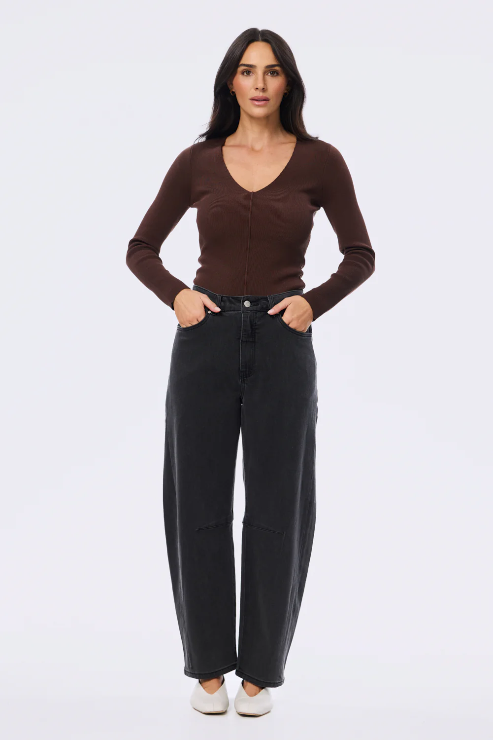 V Neck Long Sleeve Knit Top - Cappuccino - Image 4