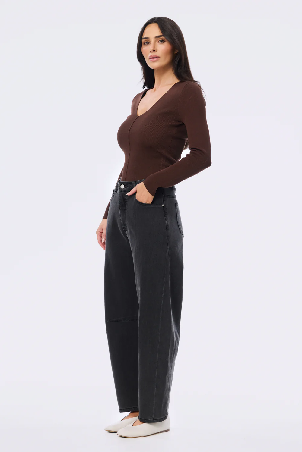 V Neck Long Sleeve Knit Top - Cappuccino - Image 5