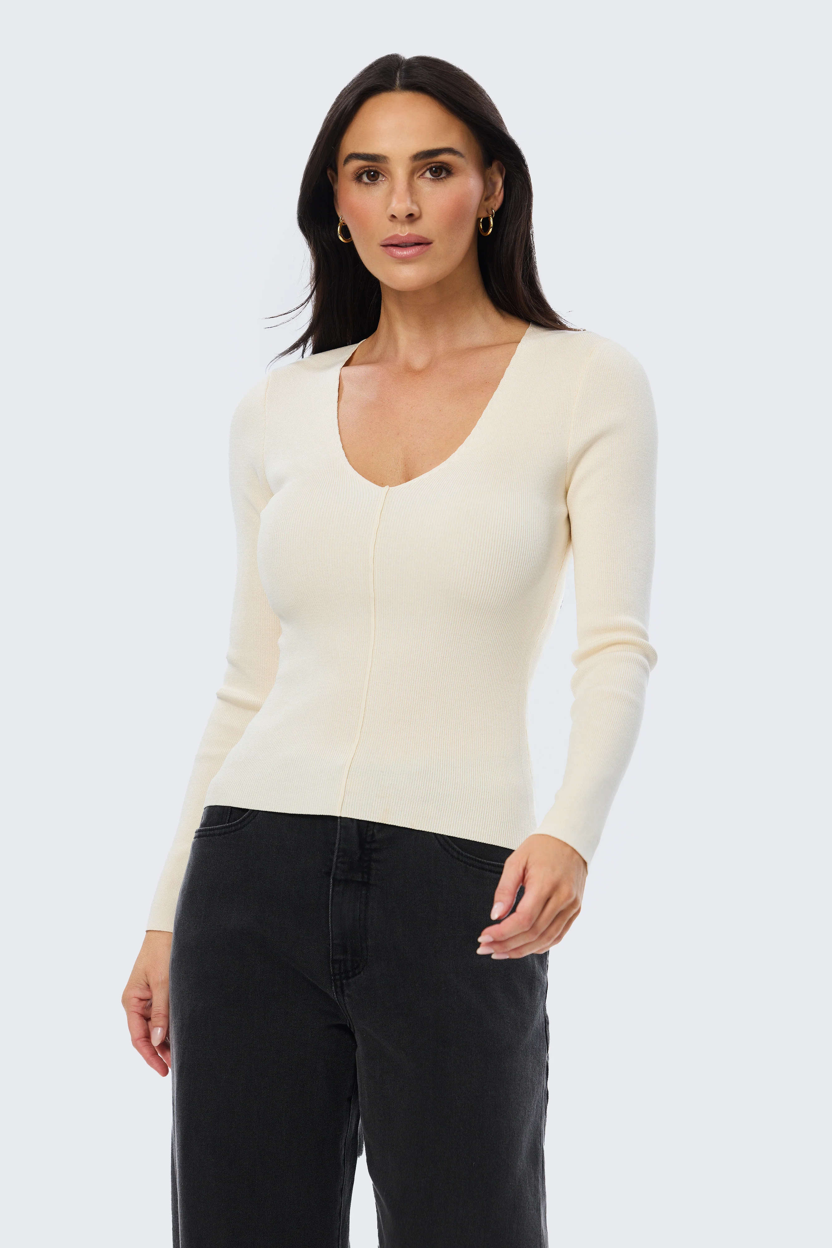 V Neck Long Sleeve Knit Top - Ecru