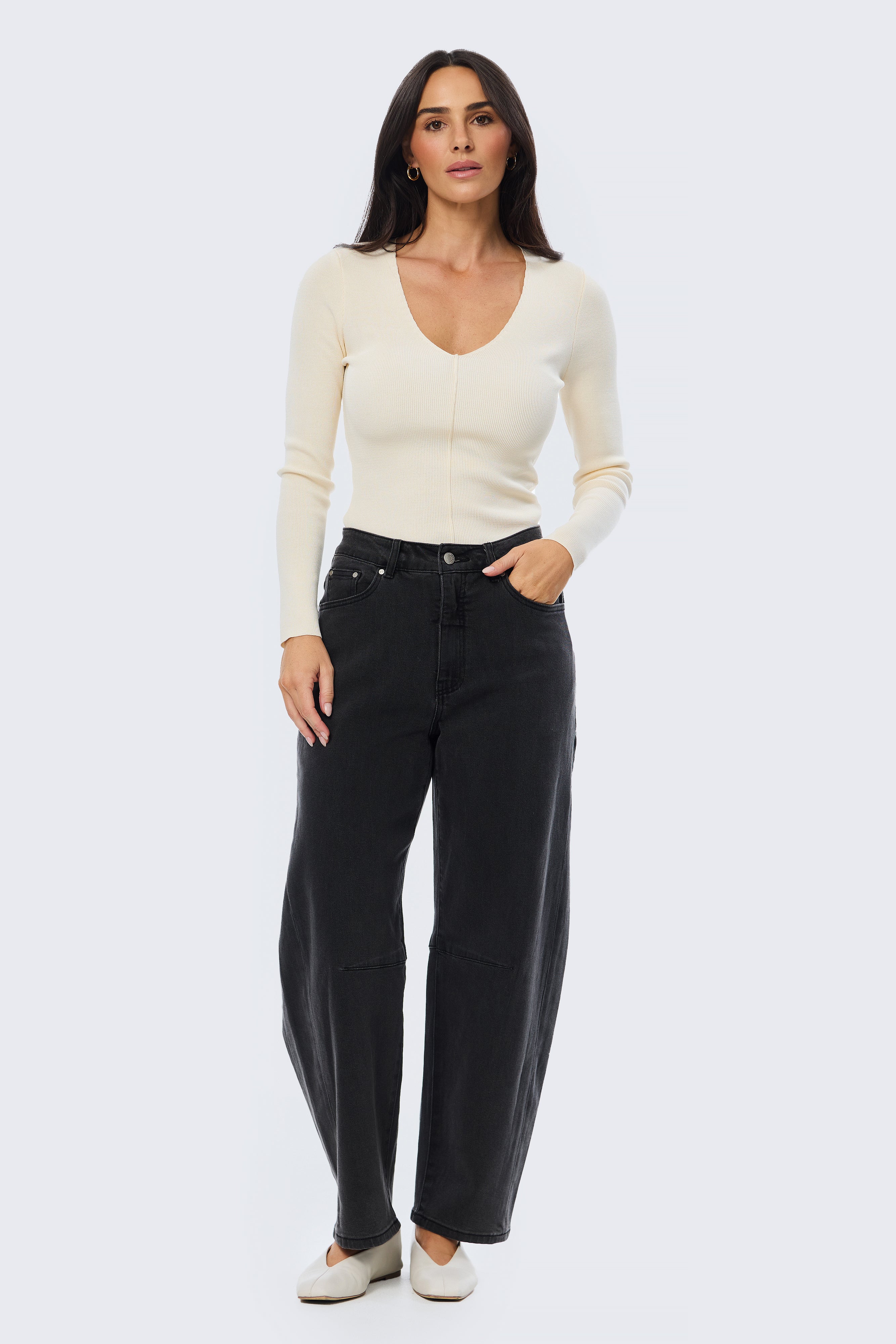 V Neck Long Sleeve Knit Top - Ecru - Image 2