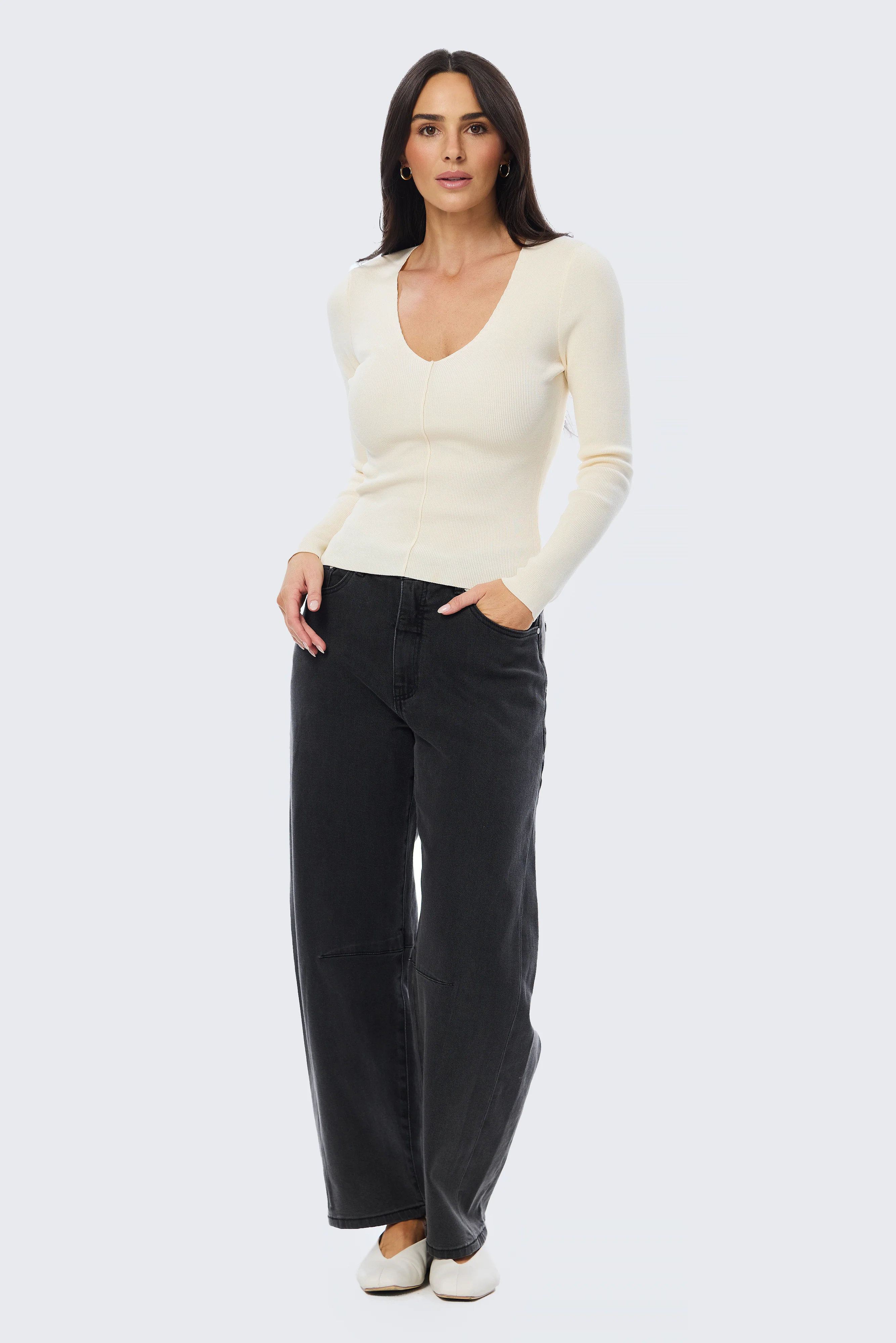 V Neck Long Sleeve Knit Top - Ecru - Image 4